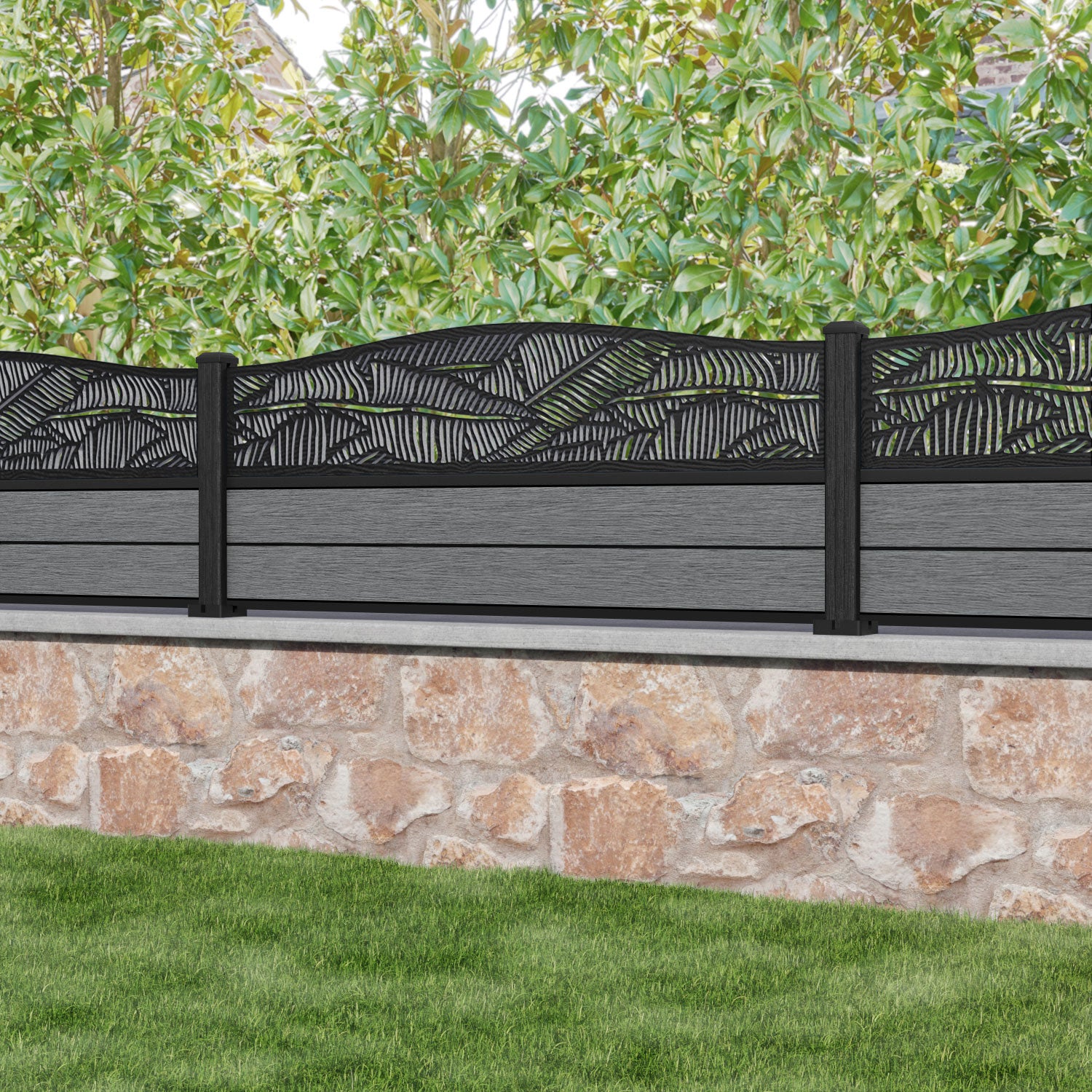 Fusion Feather Curved Top Fence Panel - Mid Grey - with our composite posts