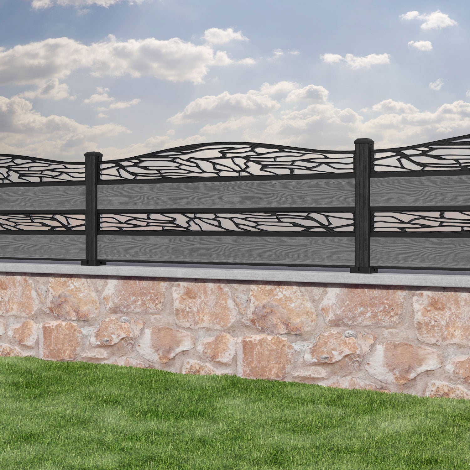 Classic Shatter Curved Top Split Screen Fence Panel - Mid Grey - with our composite posts