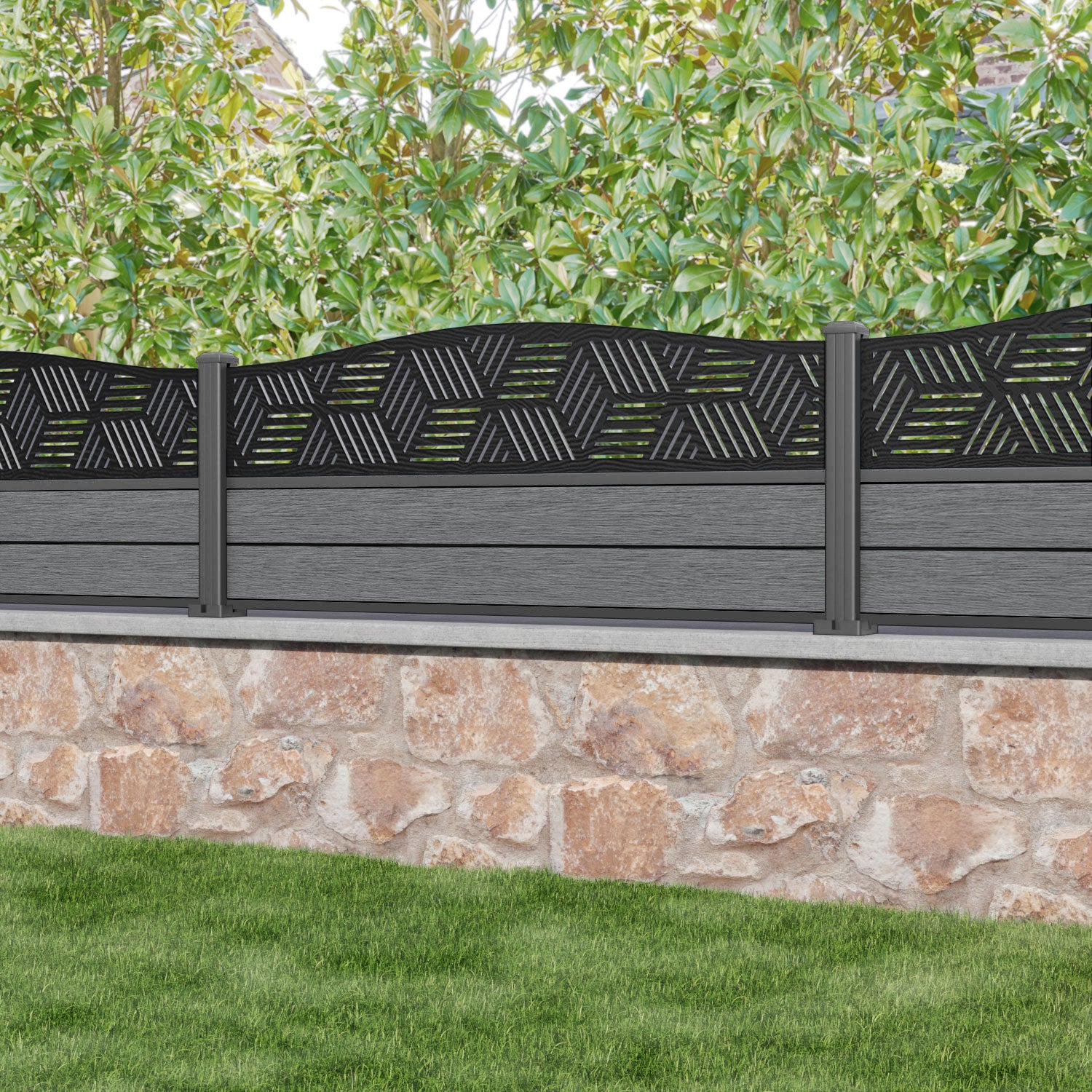 Fusion Cubed Curved Top Fence Panel - Mid Grey - with our aluminium posts