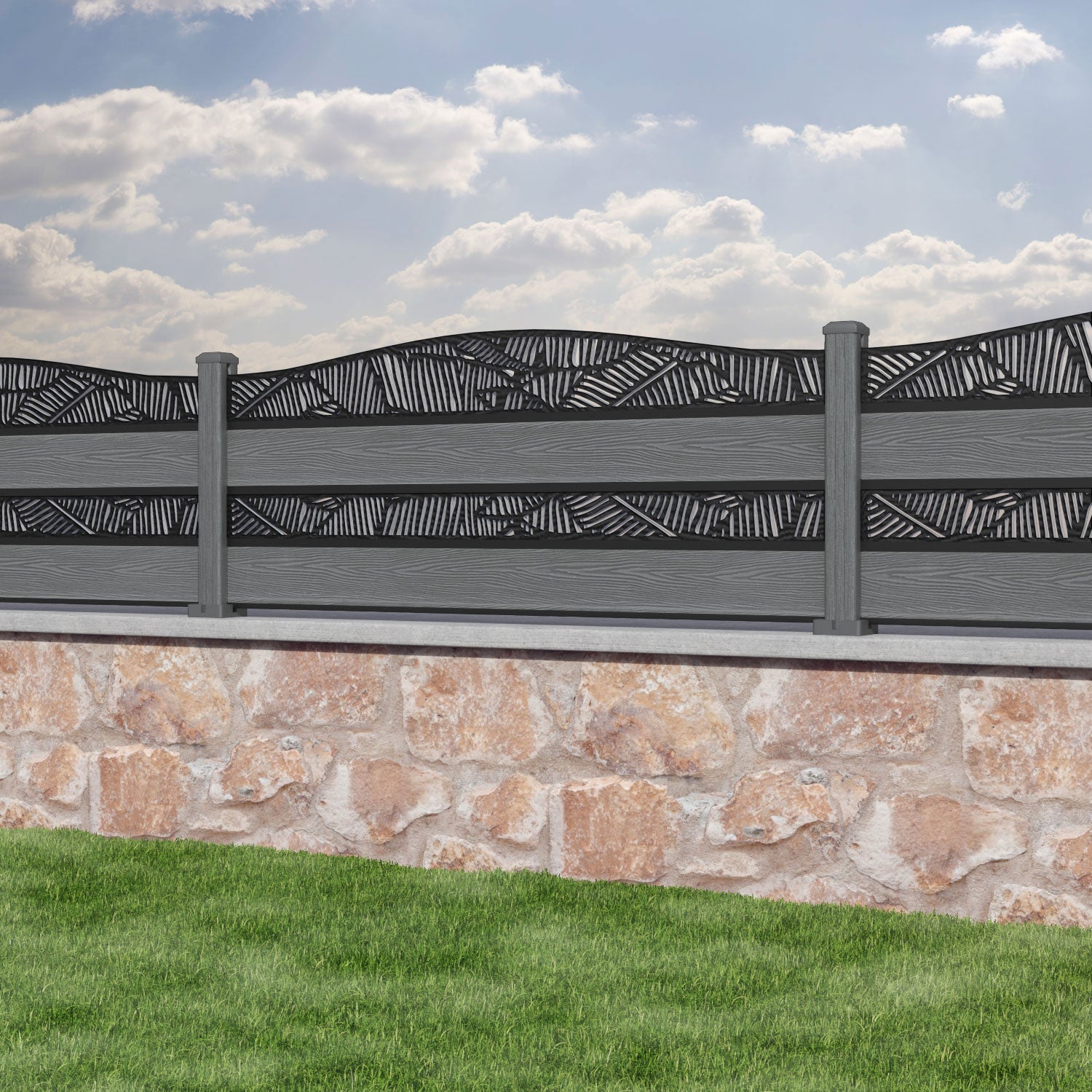Classic Feather Curved Top Split Screen Fence Panel - Mid Grey - with our composite posts