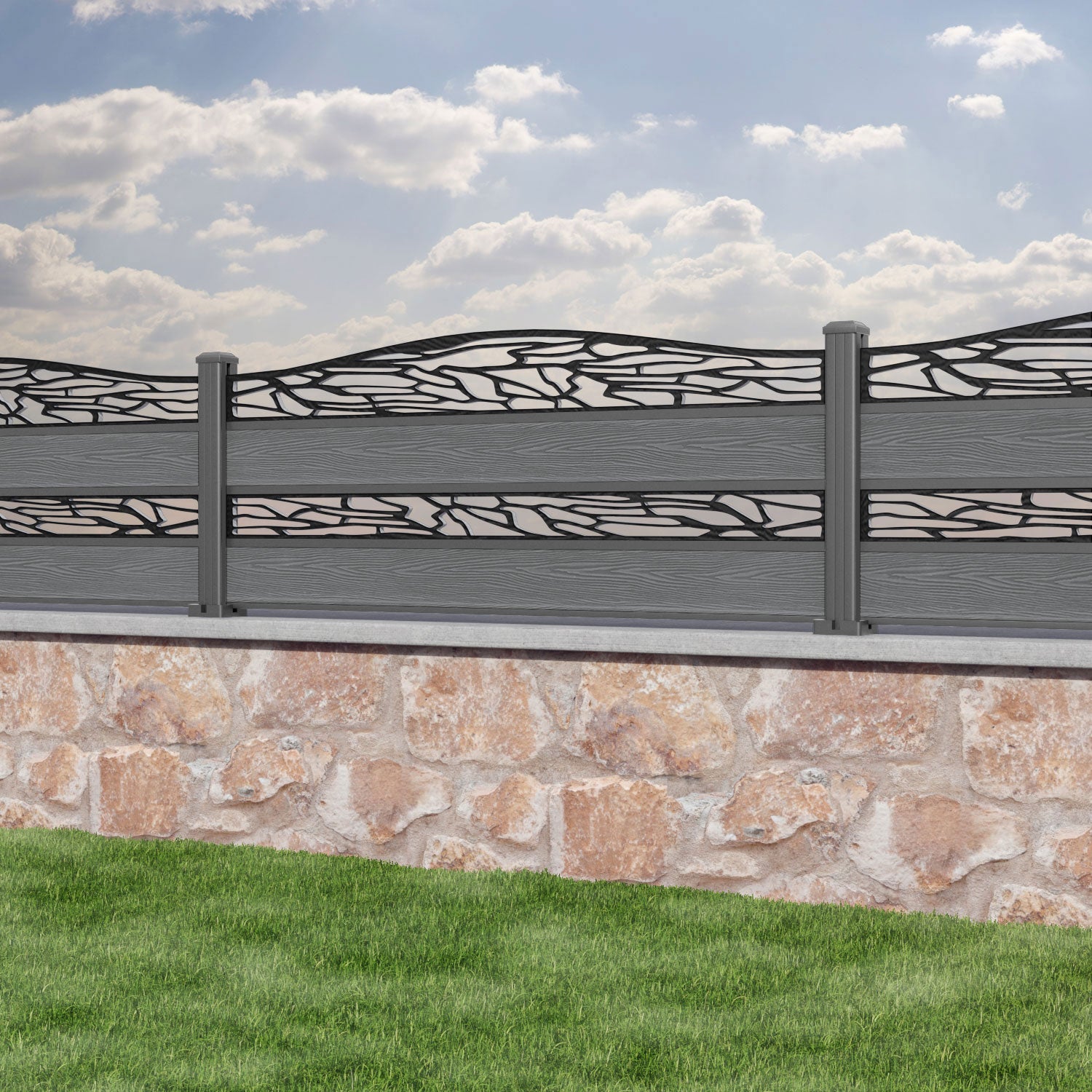 Classic Shatter Curved Top Split Screen Fence Panel - Mid Grey - with our aluminium posts