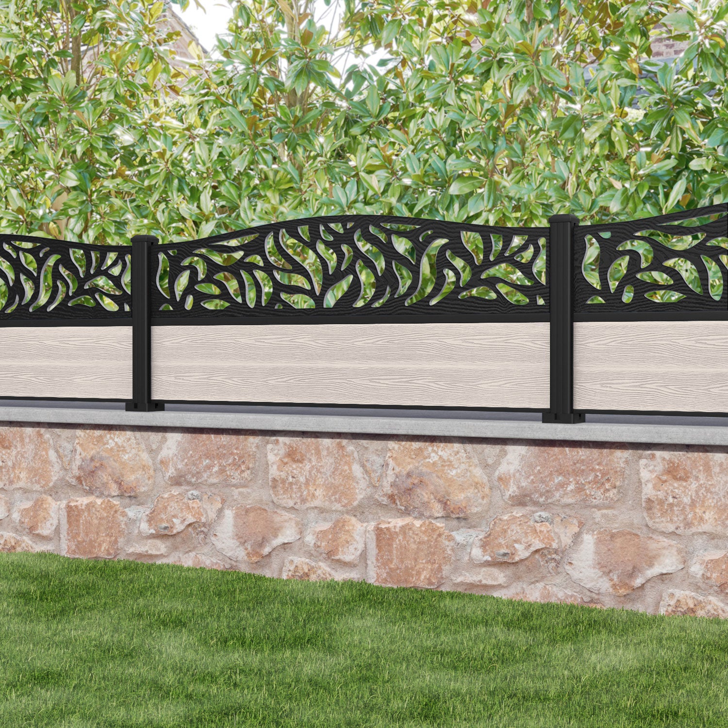 Classic Plume Curved Top Fence Panel - Mid Stone - with our aluminium posts
