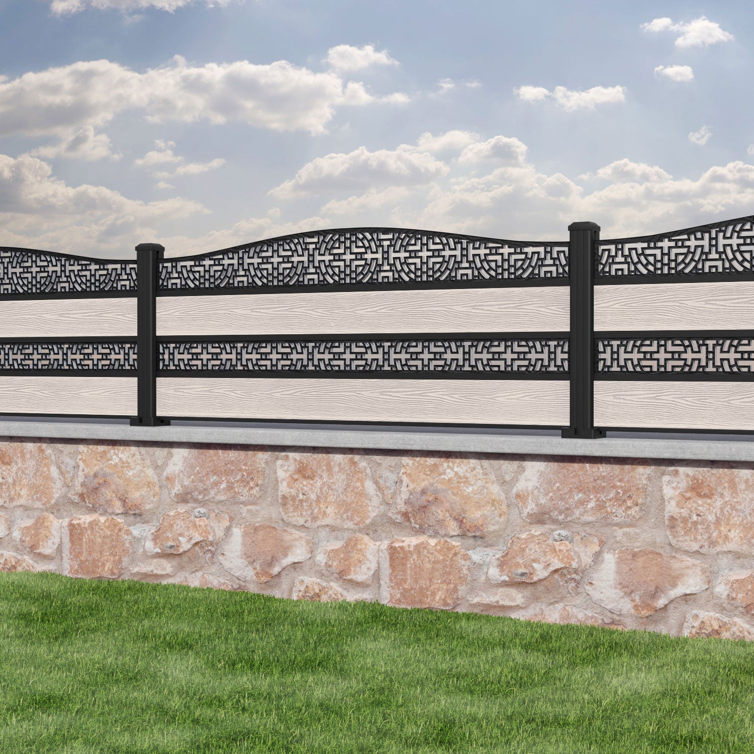 Classic Kumo Curved Top Split Screen Fence Panel - Mid Stone - with our aluminium posts