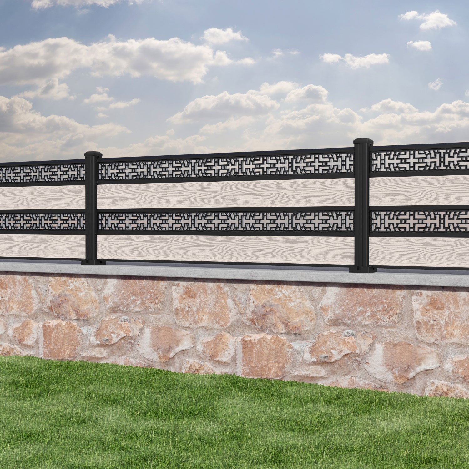 Classic Kumo Split Screen Fence Panel - Mid Stone - with our aluminium posts