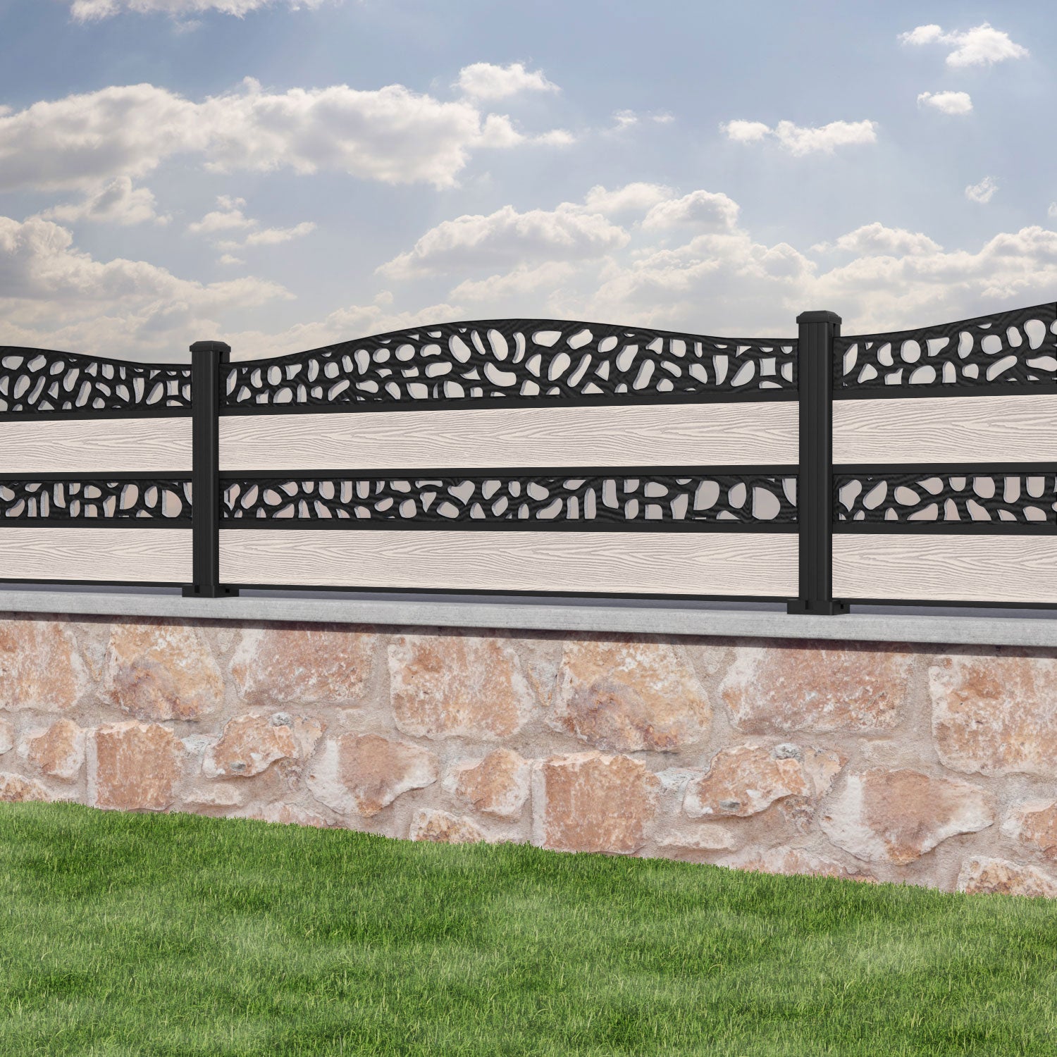Classic Pebble Curved Top Split Screen Fence Panel - Mid Stone - with our aluminium posts
