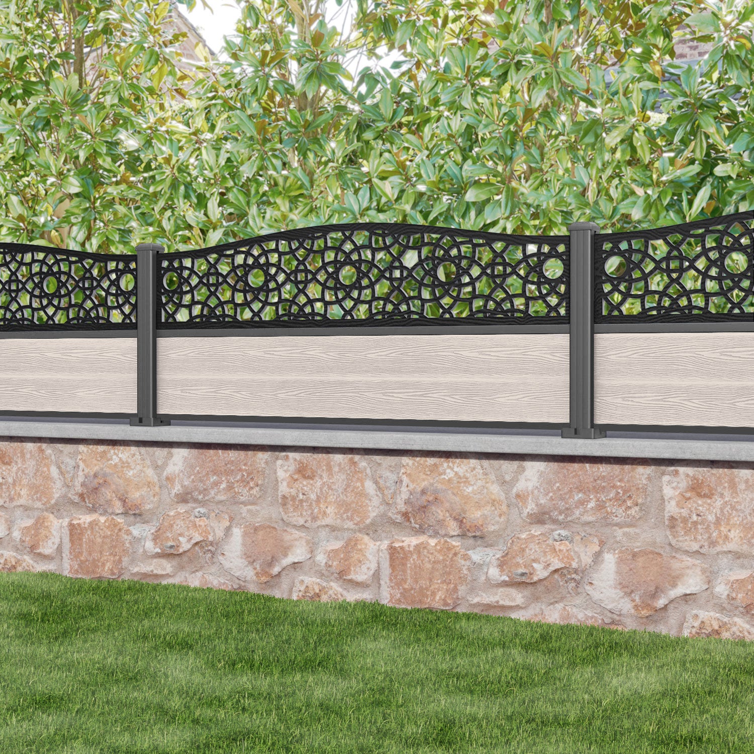 Classic Ambar Curved Top Fence Panel - Mid Stone - with our aluminium posts