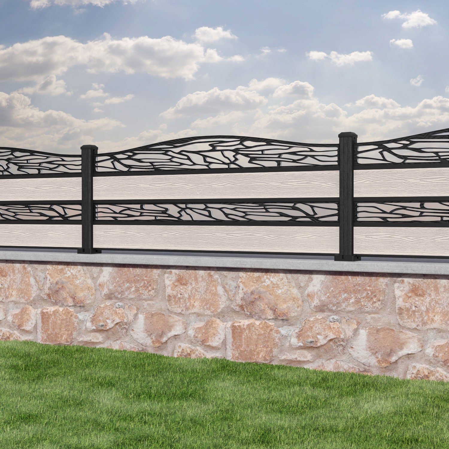 Classic Shatter Curved Top Split Screen Fence Panel - Mid Stone - with our composite posts