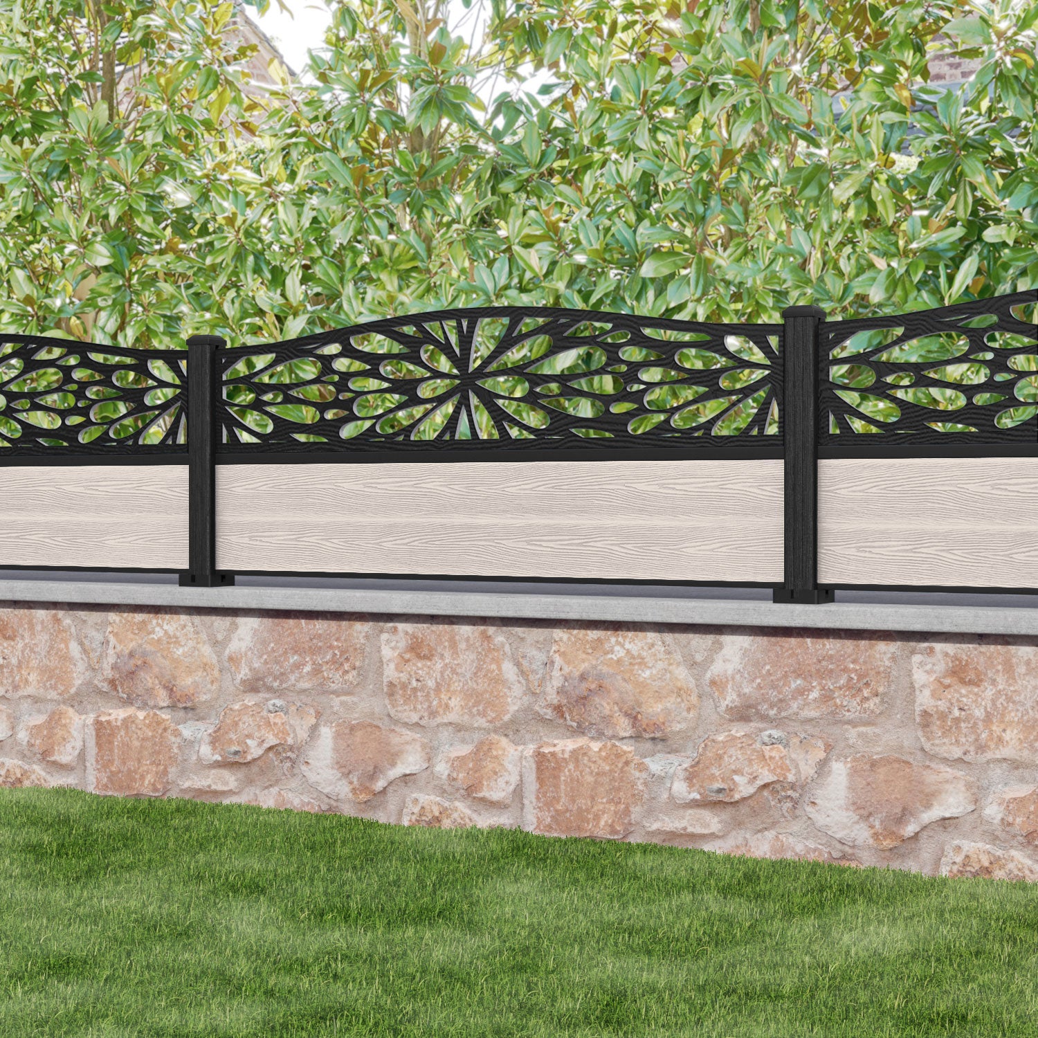 Classic Blossom Curved Top Fence Panel - Mid Stone - with our composite posts