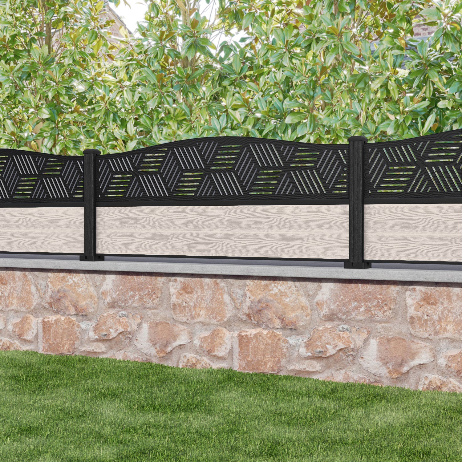 Classic Cubed Curved Top Fence Panel - Mid Stone - with our composite posts
