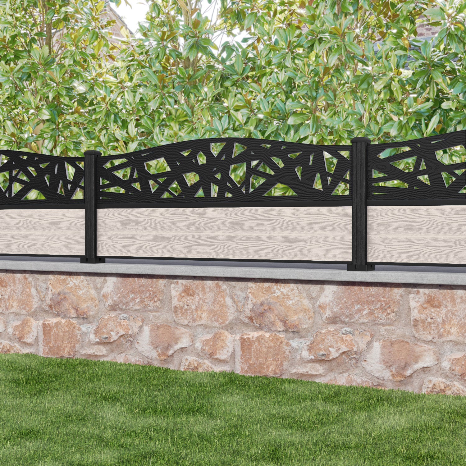 Classic Prism Curved Top Fence Panel - Mid Stone - with our composite posts