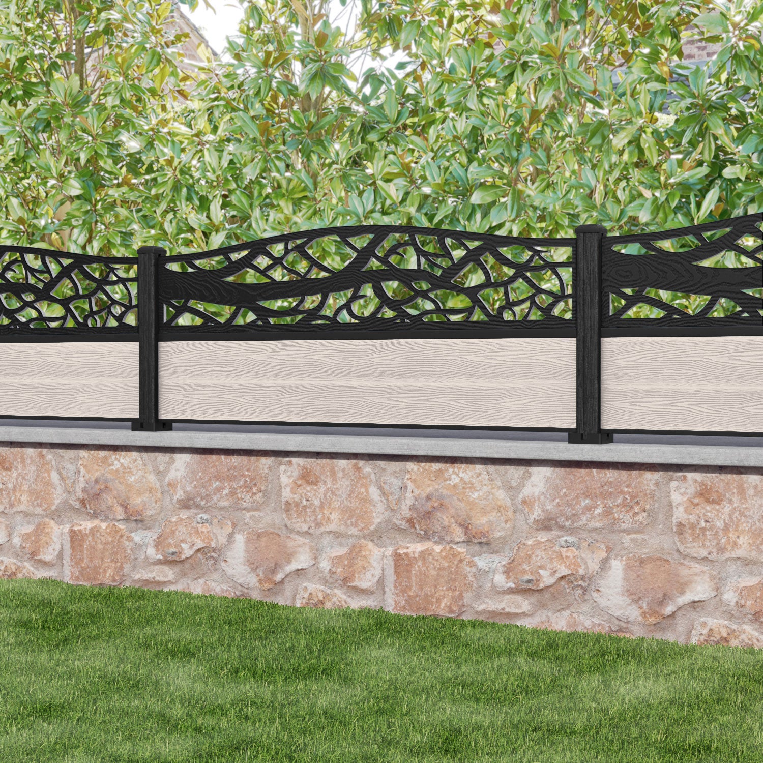 Classic Twilight Curved Top Fence Panel - Mid Stone - with our composite posts