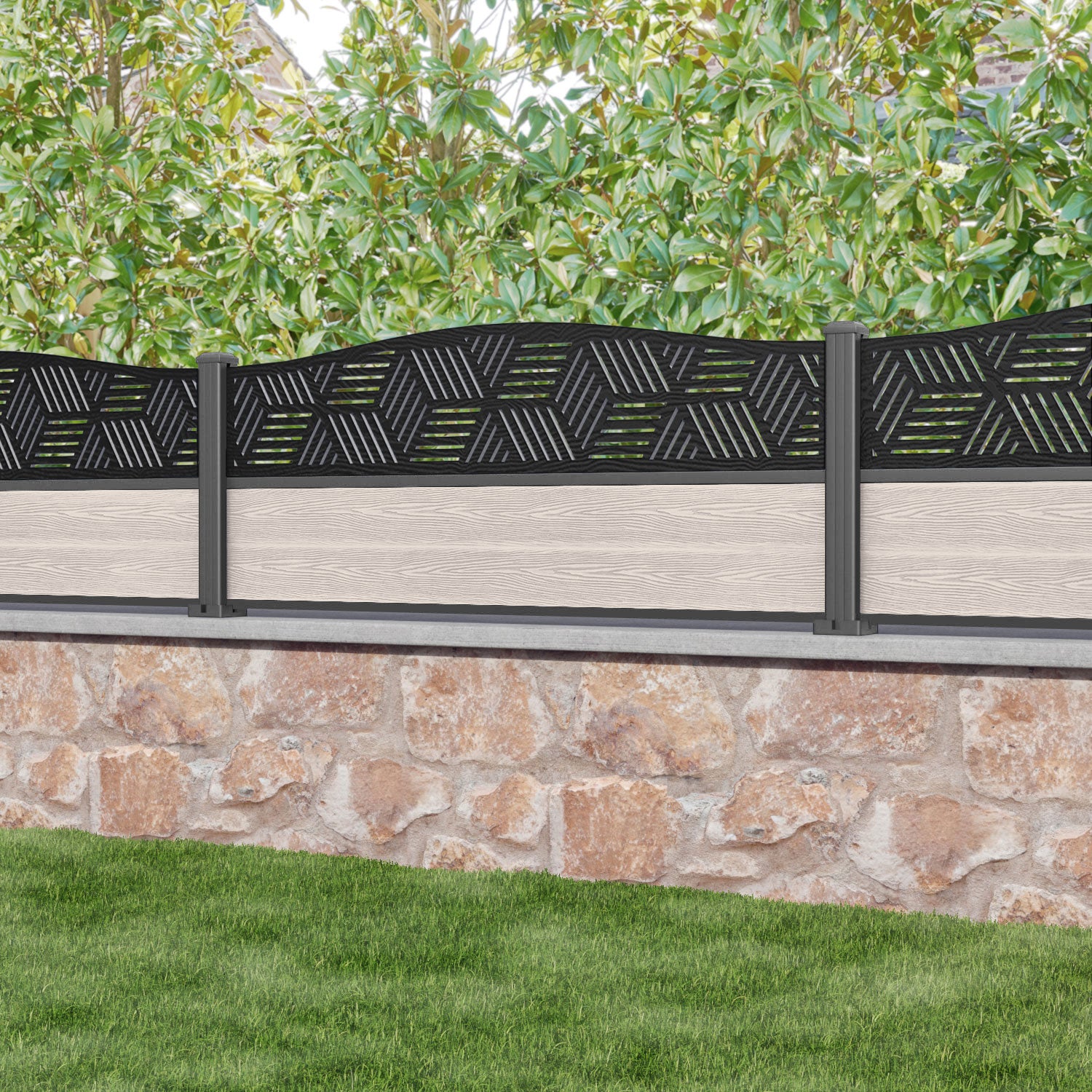 Classic Cubed Curved Top Fence Panel - Mid Stone - with our aluminium posts