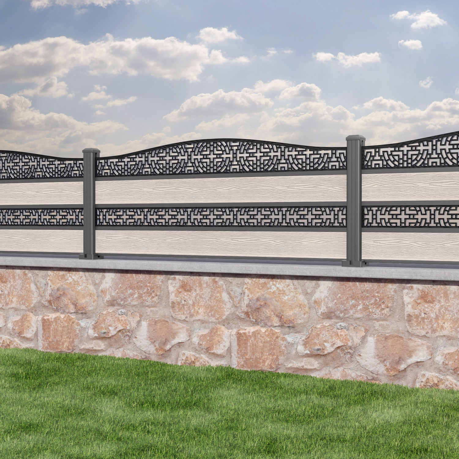 Classic Kumo Curved Top Split Screen Fence Panel - Mid Stone - with our aluminium posts