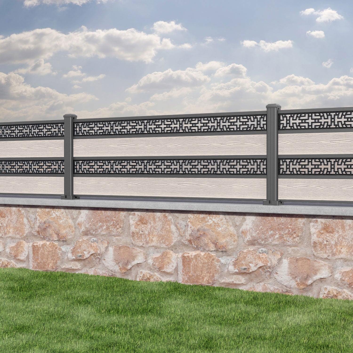 Classic Kumo Split Screen Fence Panel - Mid Stone - with our aluminium posts
