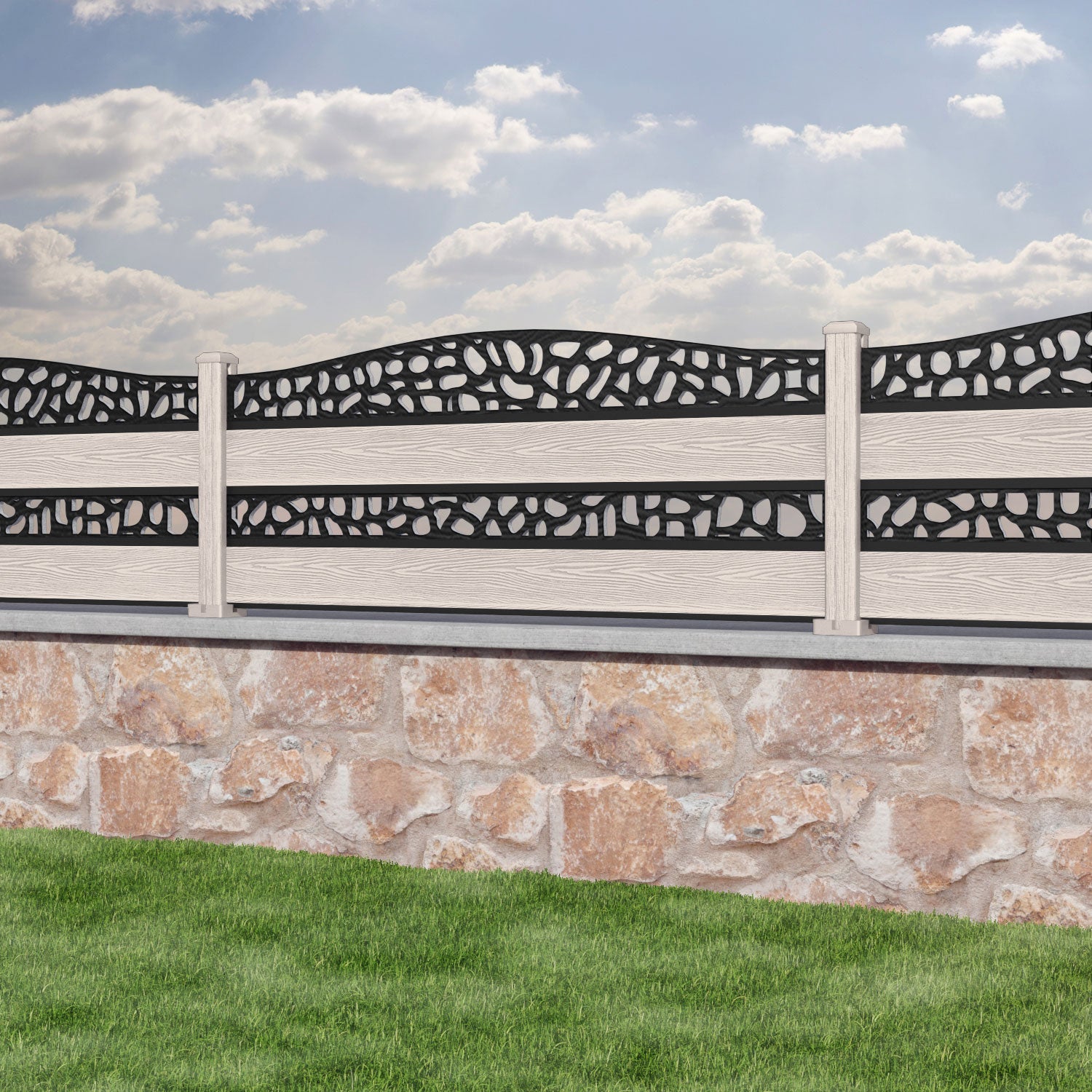 Classic Pebble Curved Top Split Screen Fence Panel - Mid Stone - with our composite posts