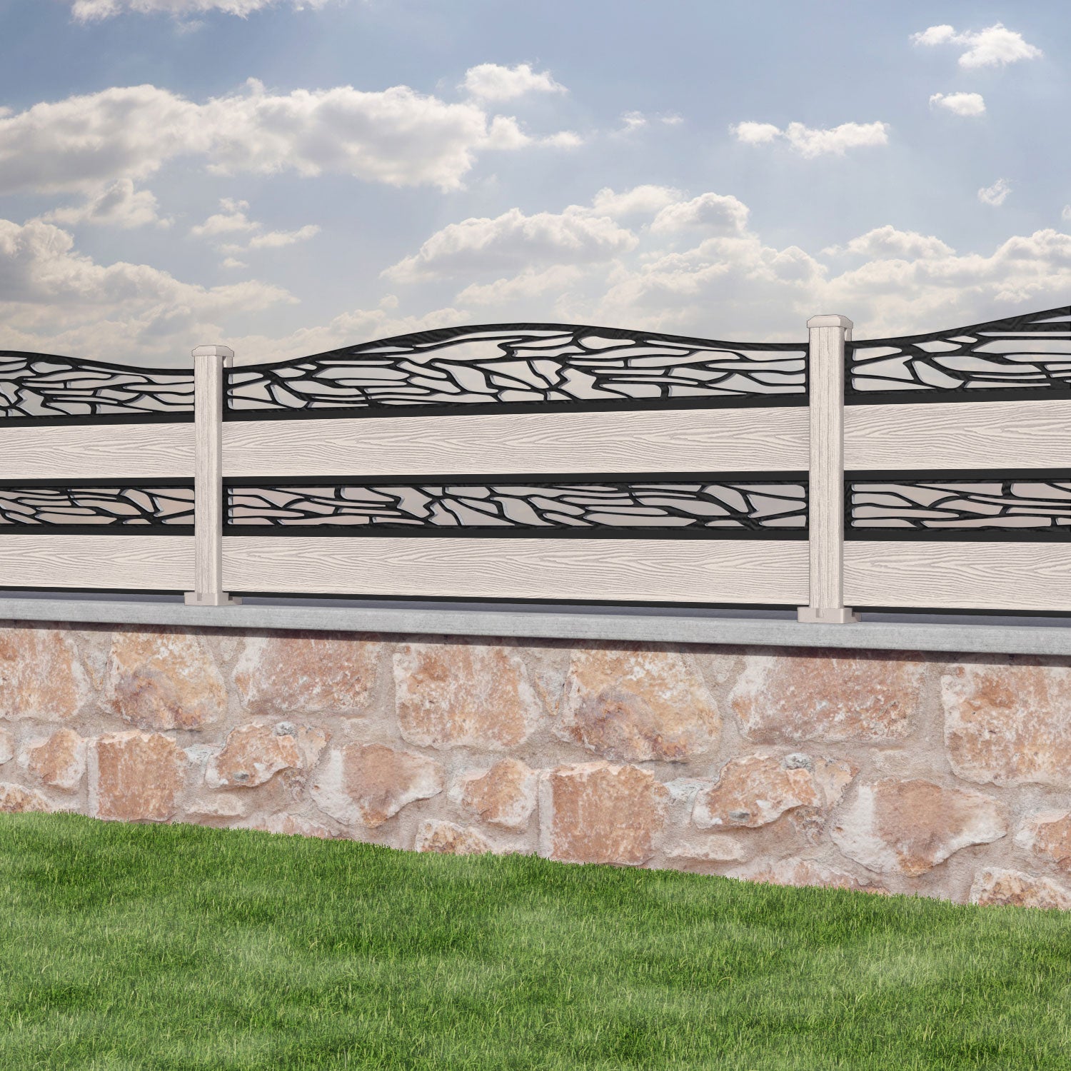 Classic Shatter Curved Top Split Screen Fence Panel - Mid Stone - with our composite posts