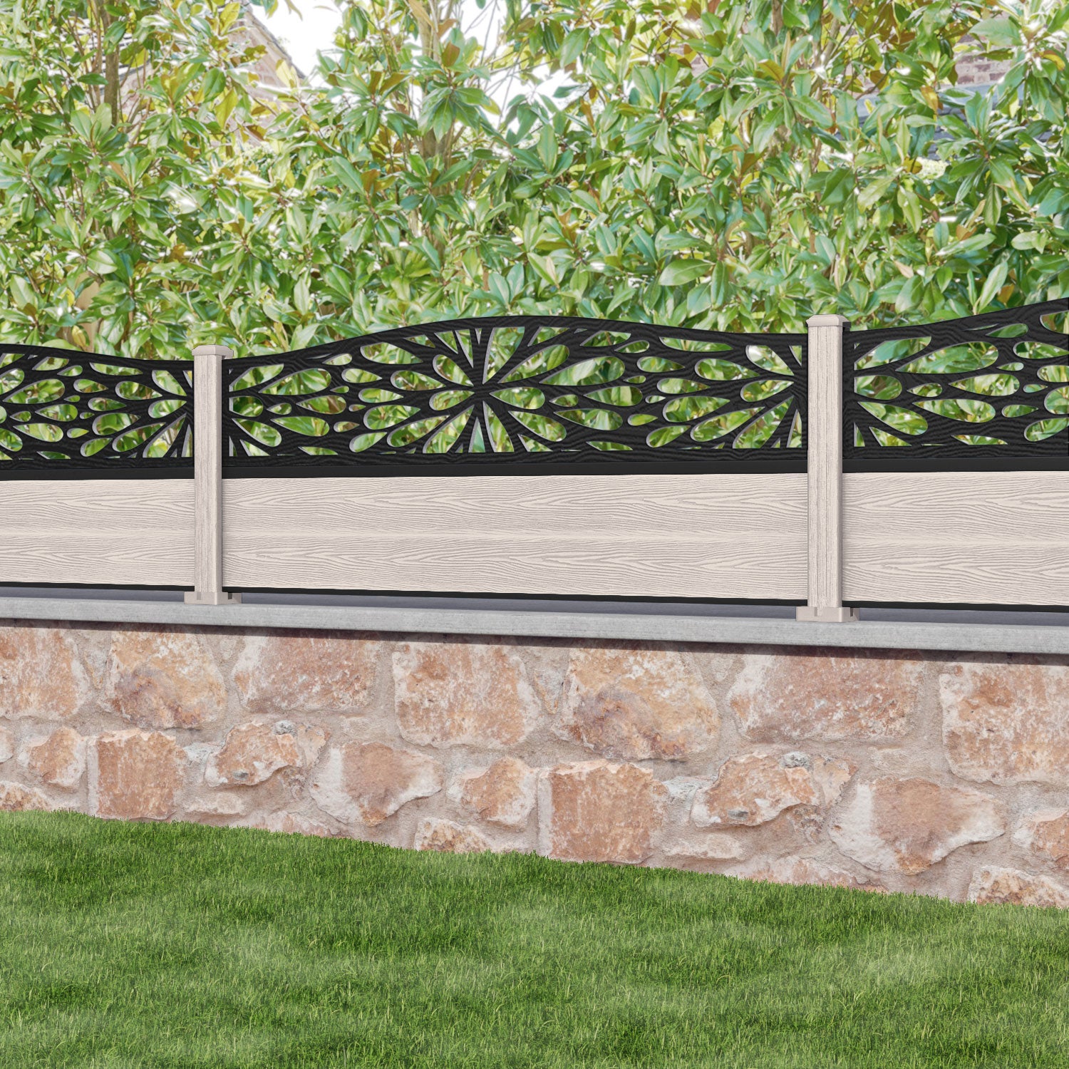Classic Blossom Curved Top Fence Panel - Mid Stone - with our composite posts