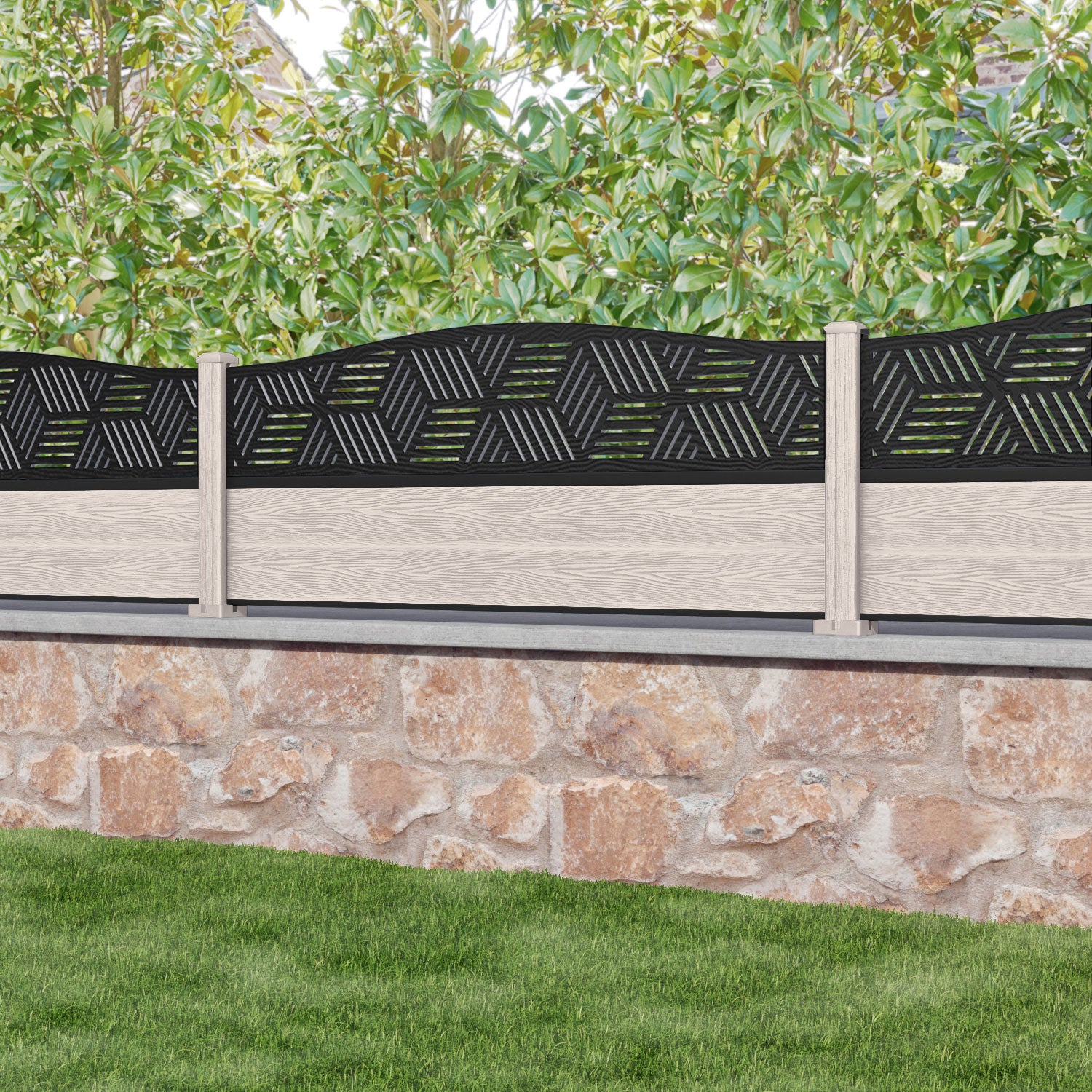 Classic Cubed Curved Top Fence Panel - Mid Stone - with our composite posts