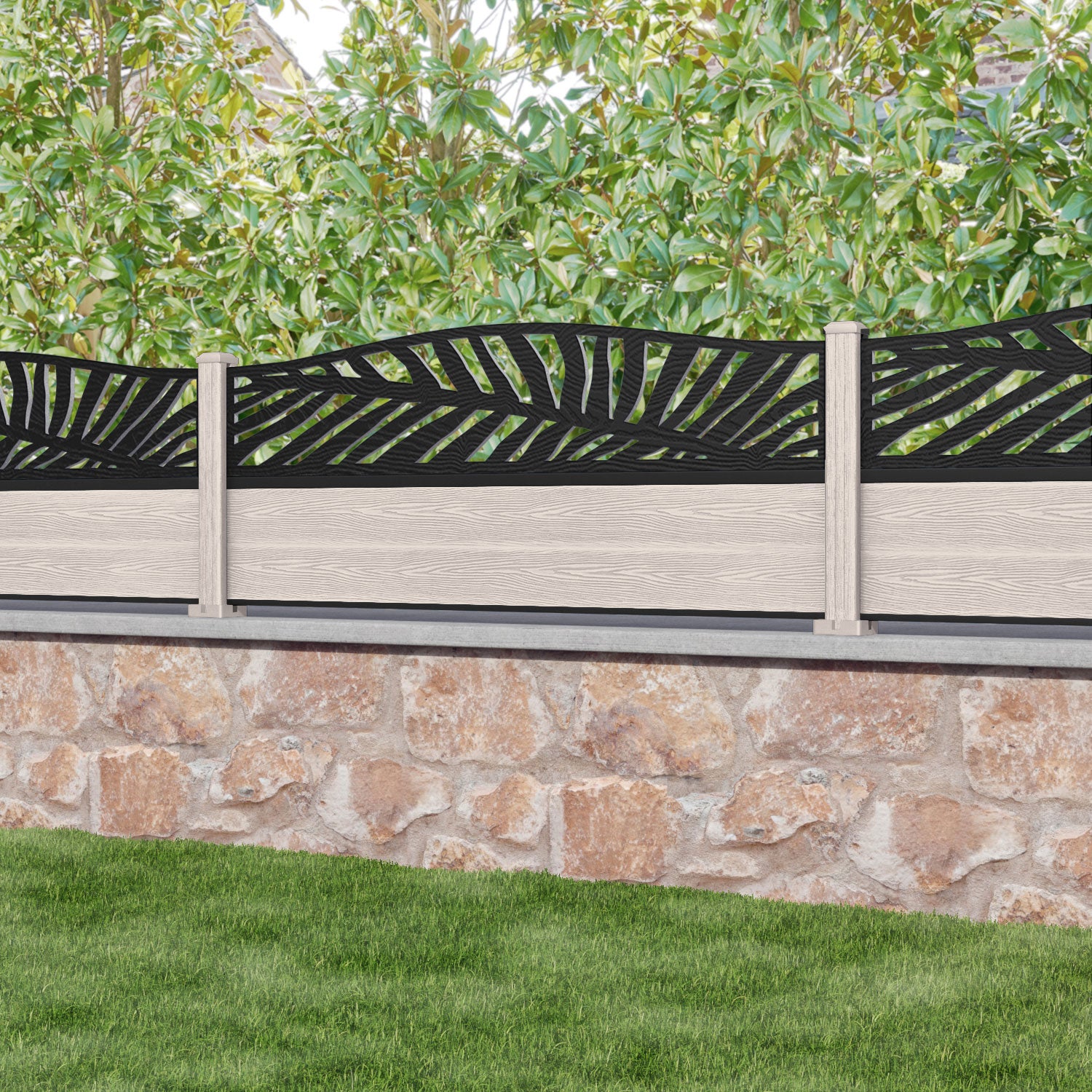 Classic Palm Curved Top Fence Panel - Mid Stone - with our composite posts