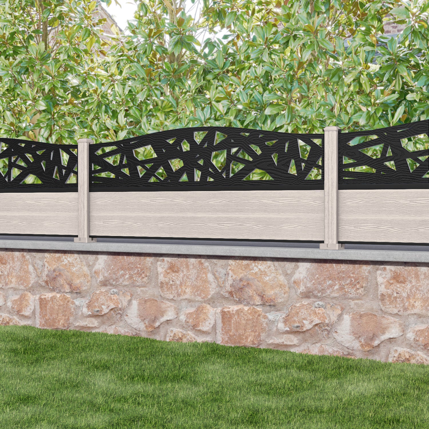 Classic Prism Curved Top Fence Panel - Mid Stone - with our composite posts