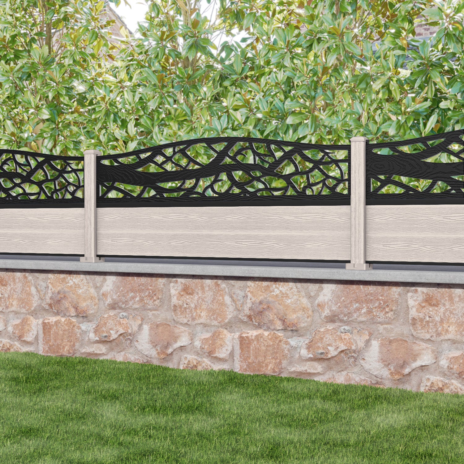 Classic Twilight Curved Top Fence Panel - Mid Stone - with our composite posts