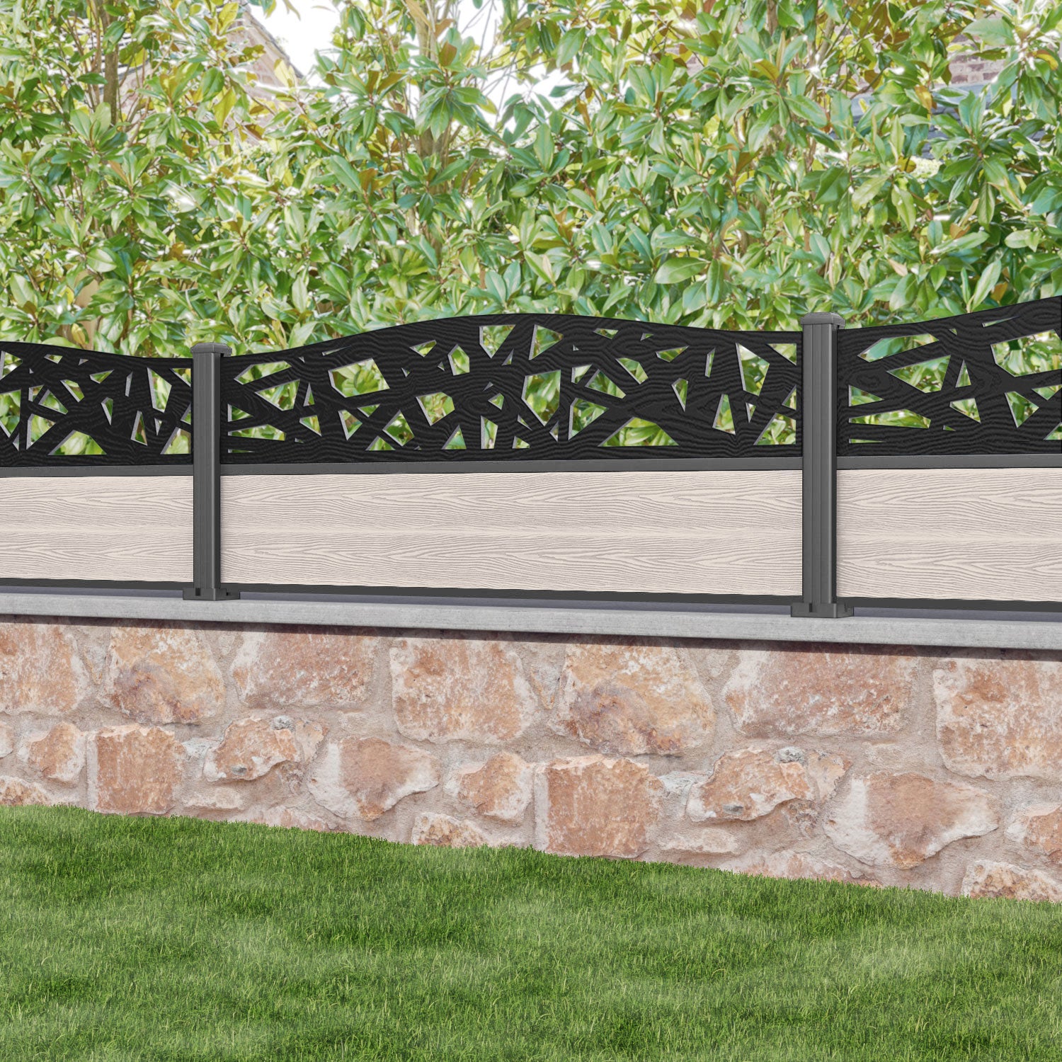 Classic Prism Curved Top Fence Panel - Mid Stone - with our aluminium posts