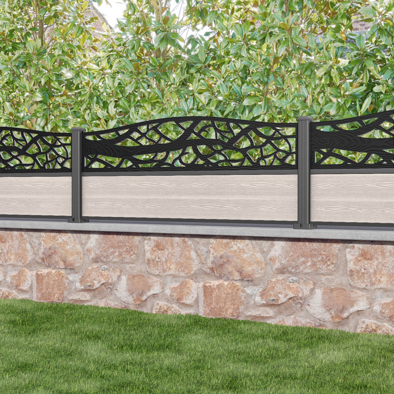 Classic Twilight Curved Top Fence Panel - Mid Stone - with our aluminium posts