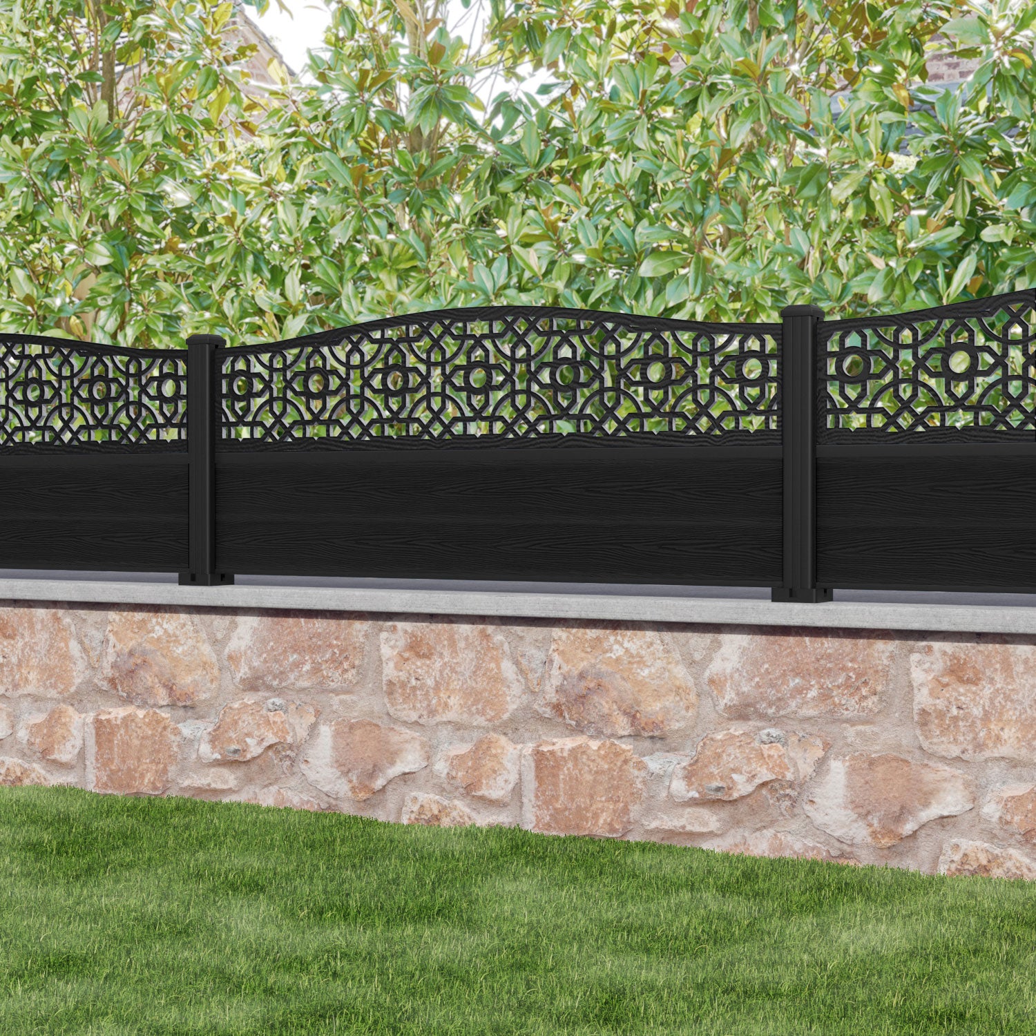 Classic Nabila Curved Top Fence Panel - Black - with our aluminium posts