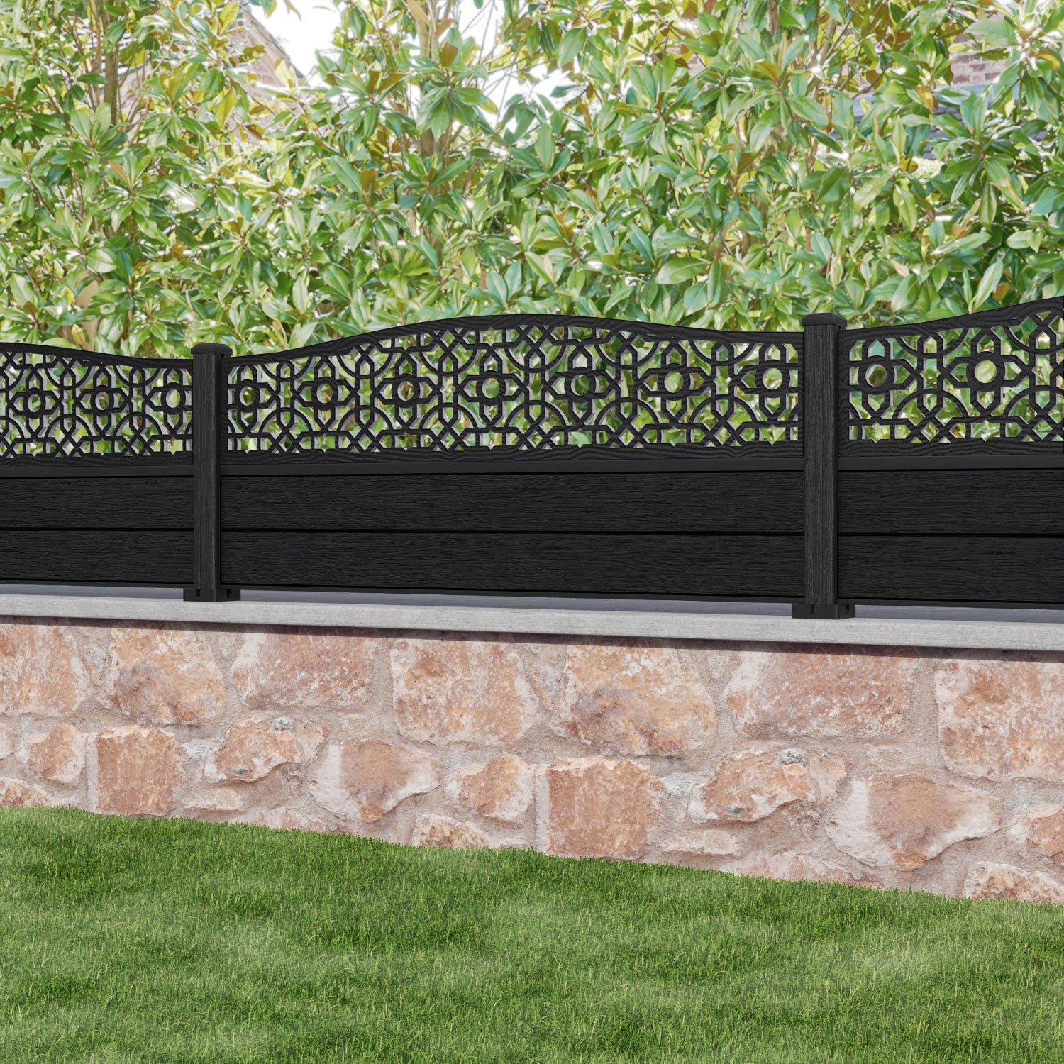 Fusion Nabila Curved Top Fence Panel - Black - with our composite posts