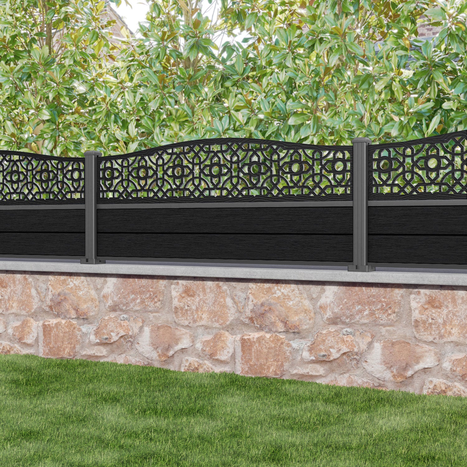 Fusion Nabila Curved Top Fence Panel - Black - with our aluminium posts