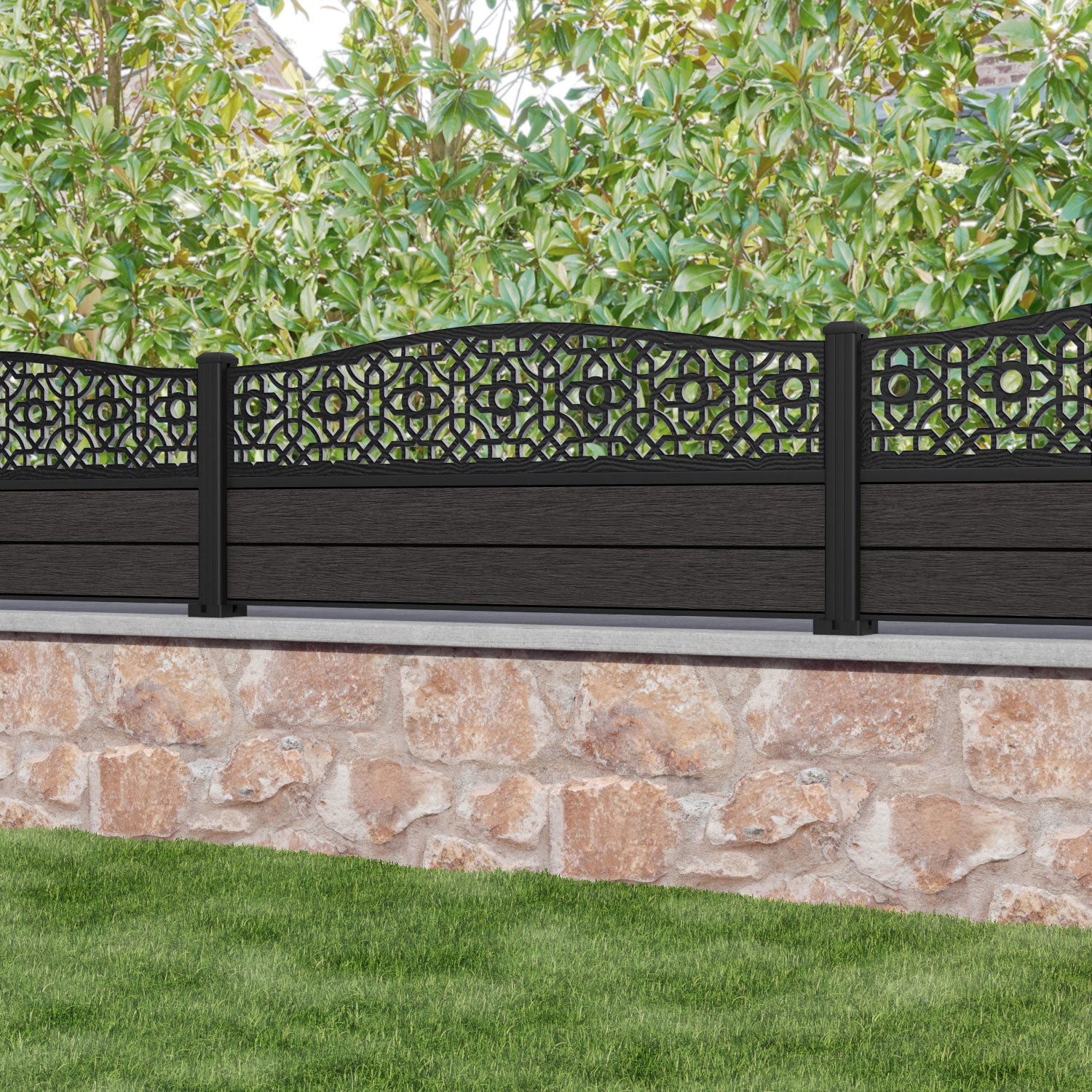 Fusion Nabila Curved Top Fence Panel - Dark Oak - with our aluminium posts