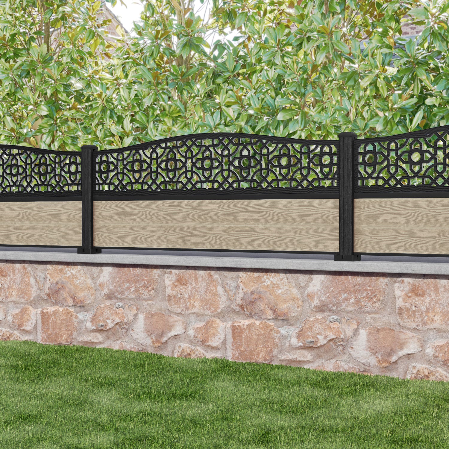 Classic Nabila Curved Top Fence Panel - Light Oak - with our composite posts