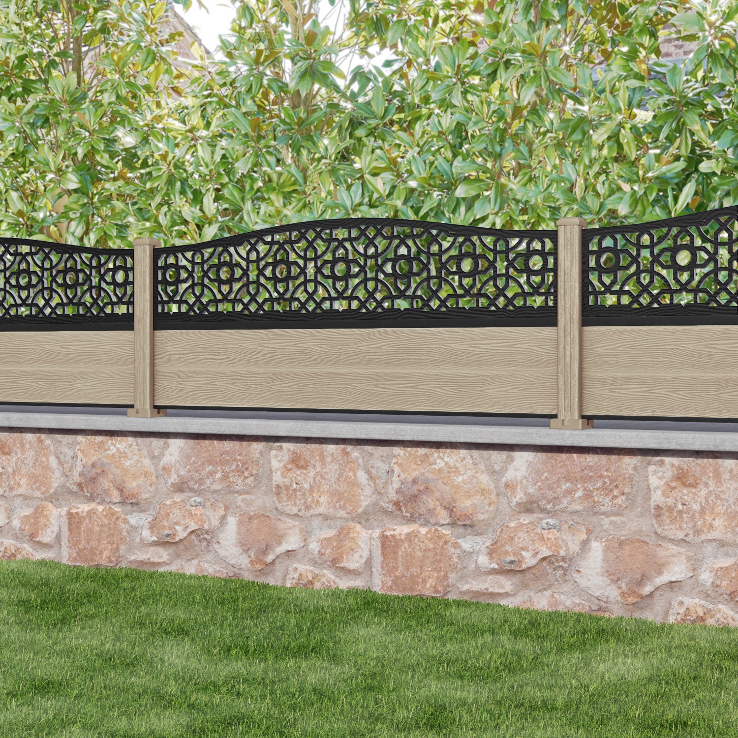Classic Nabila Curved Top Fence Panel - Light Oak - with our composite posts
