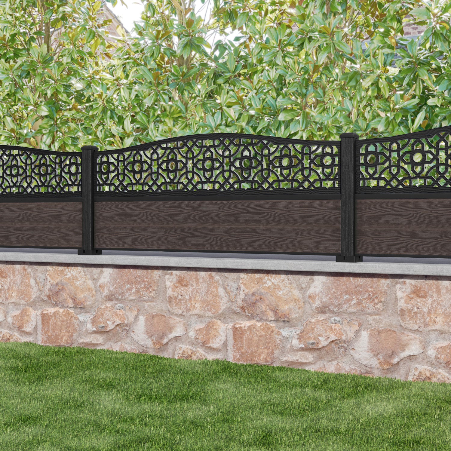 Classic Nabila Curved Top Fence Panel - Mid Brown - with our composite posts
