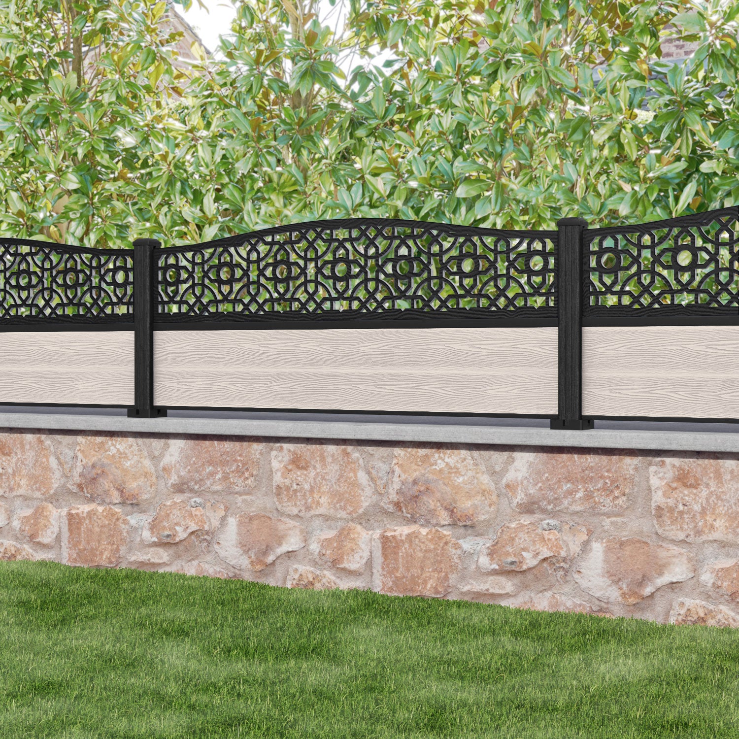Classic Nabila Curved Top Fence Panel - Mid Stone - with our composite posts