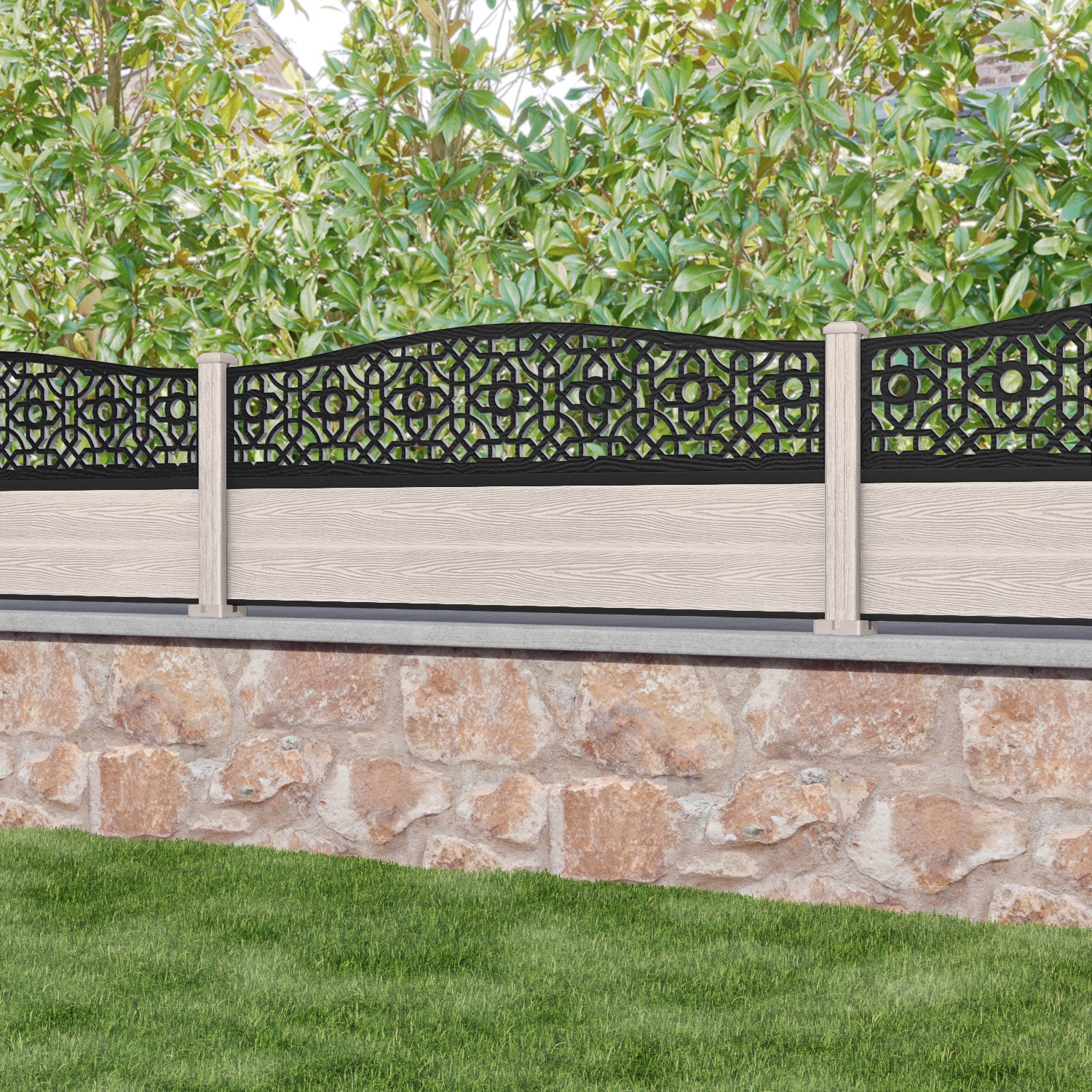 Classic Nabila Curved Top Fence Panel - Mid Stone - with our composite posts