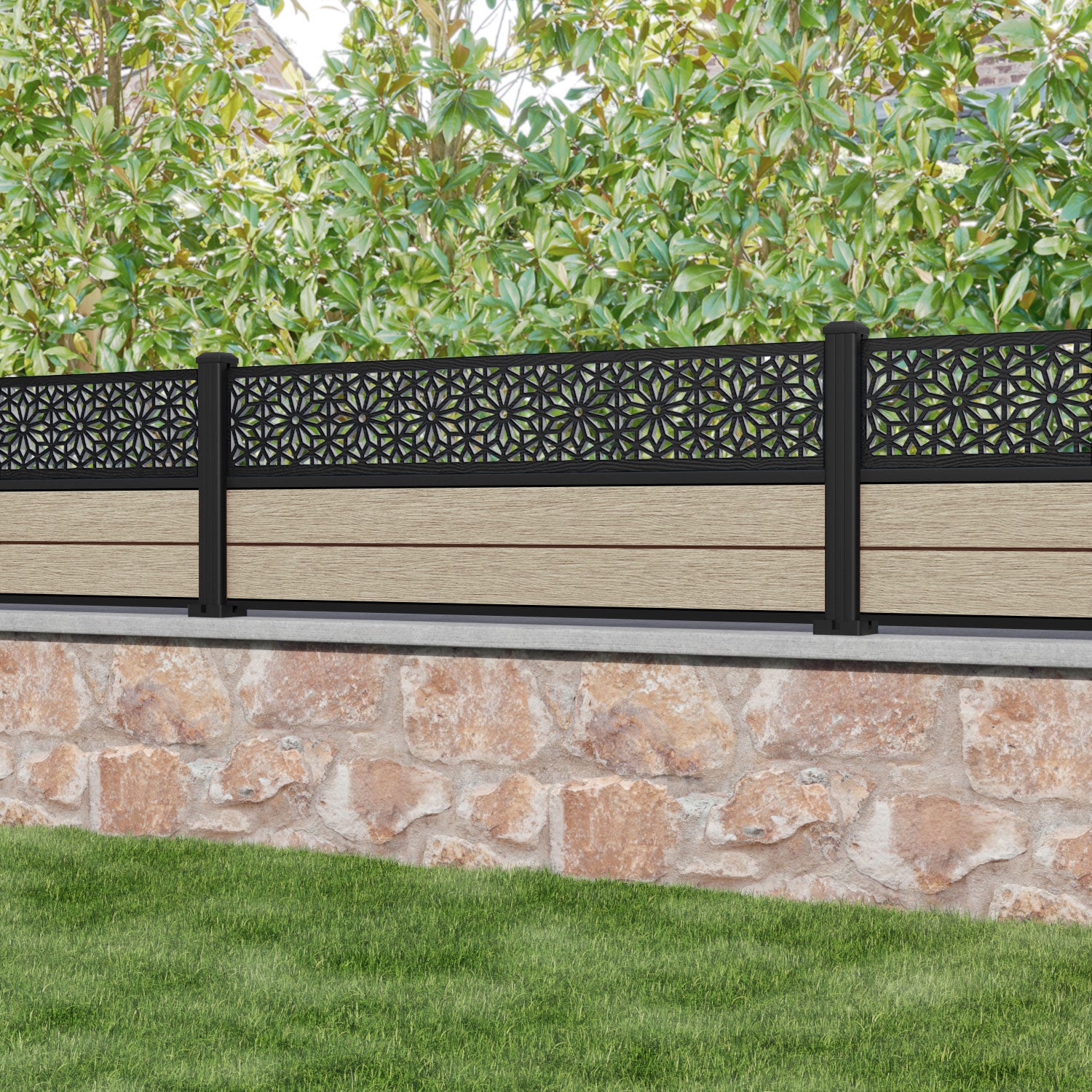 Fusion Narwa Fence Panel - Light Oak - with our aluminium posts