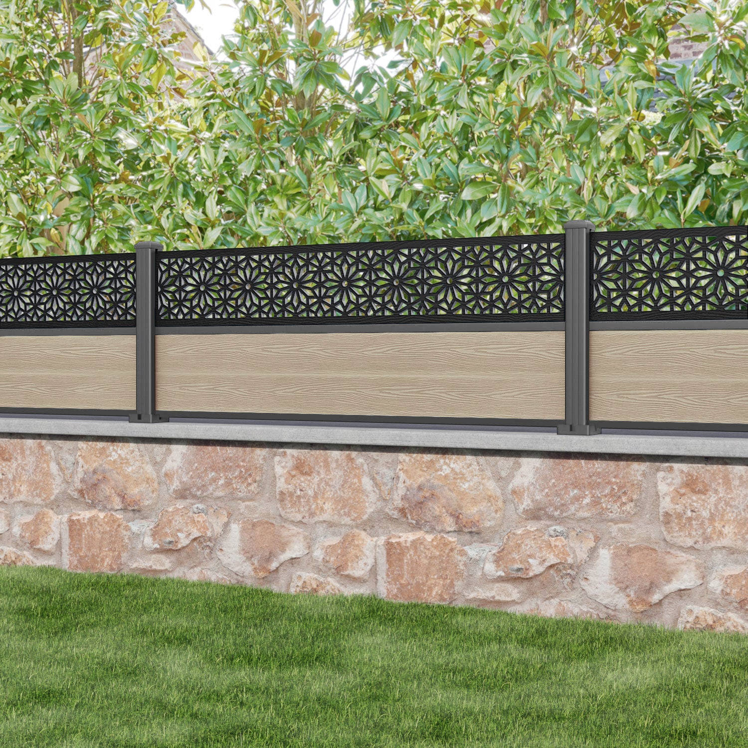 Classic Narwa Fence Panel - Light Oak - with our aluminium posts