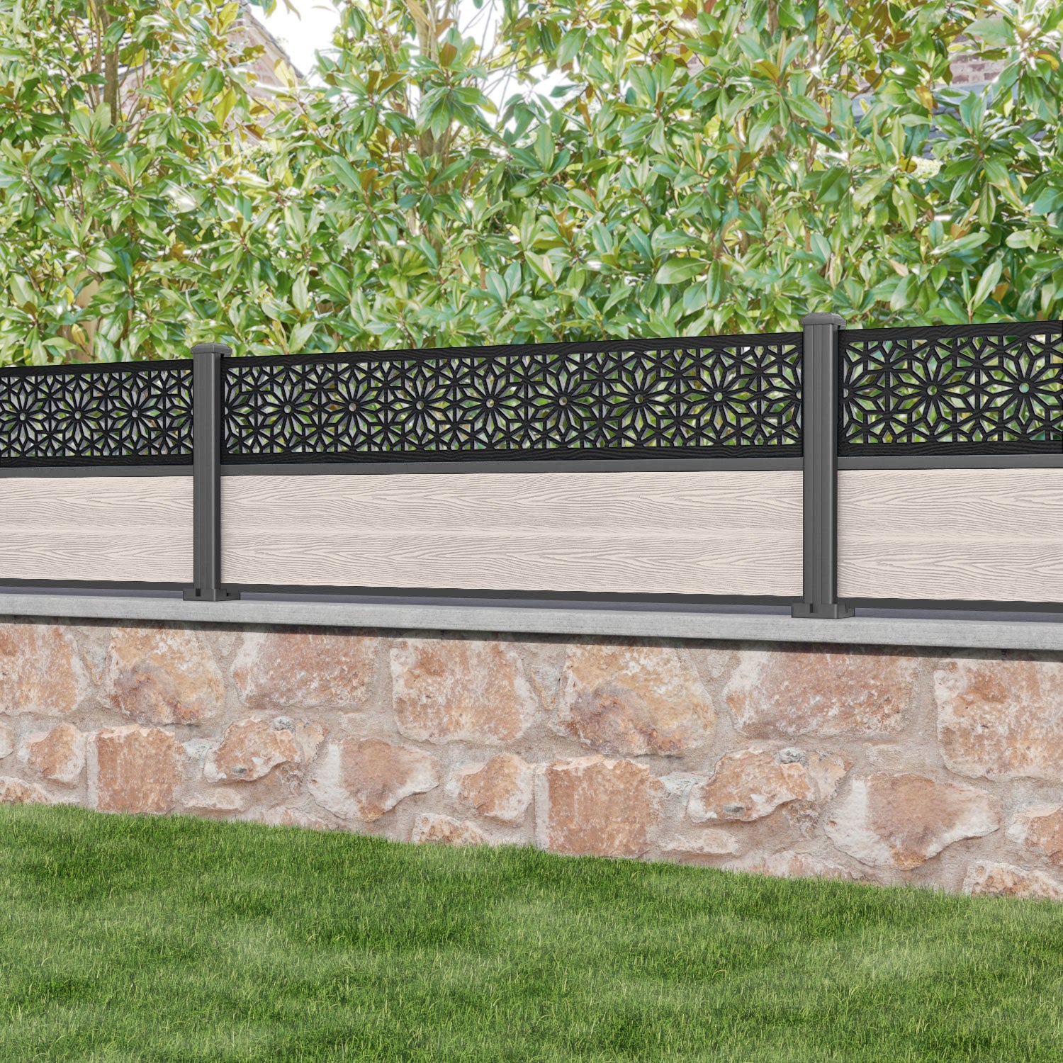 Classic Narwa Fence Panel - Mid Stone - with our aluminium posts