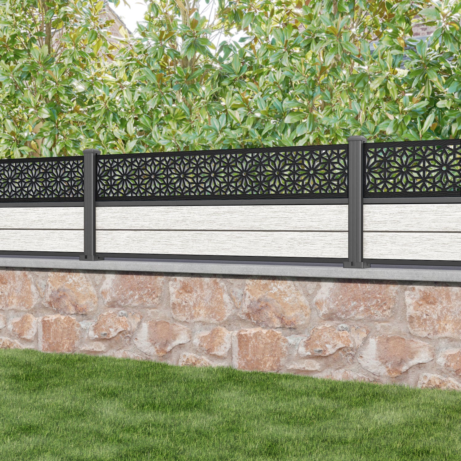Fusion Narwa Fence Panel - Light Stone - with our aluminium posts