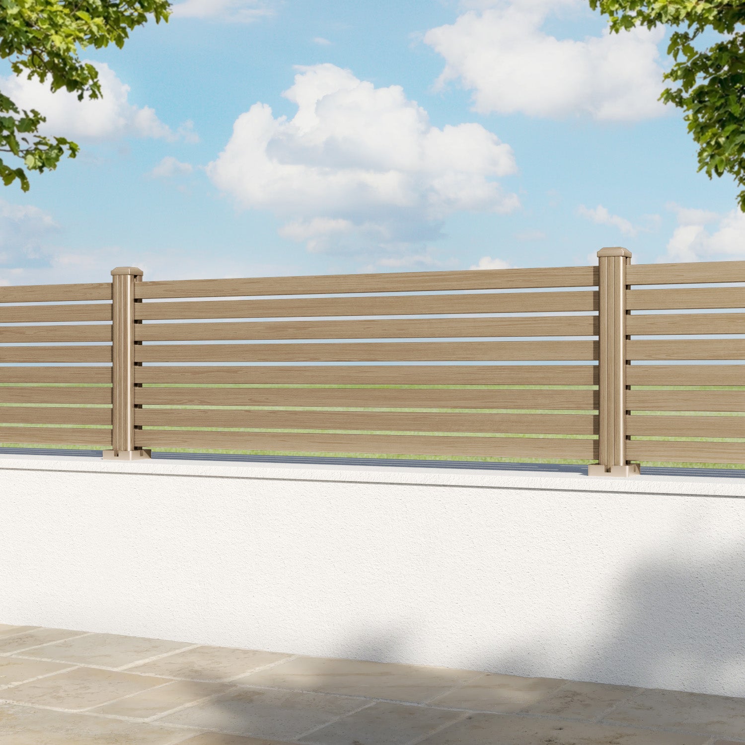 Aria Aluminium Fence Panel - Natural Oak - with our aluminium posts