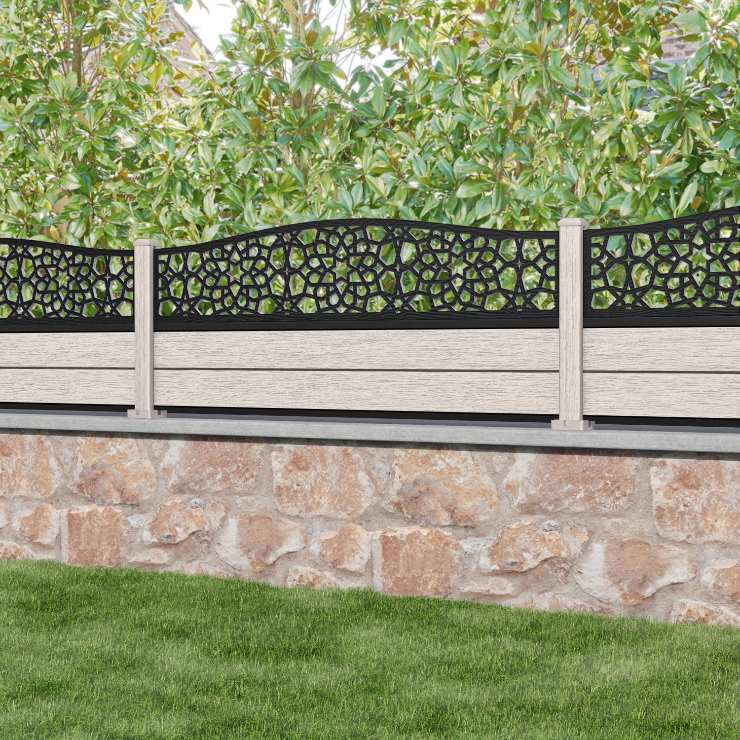 Fusion Nazira Curved Top Fence Panel - Mid Stone - with our composite posts