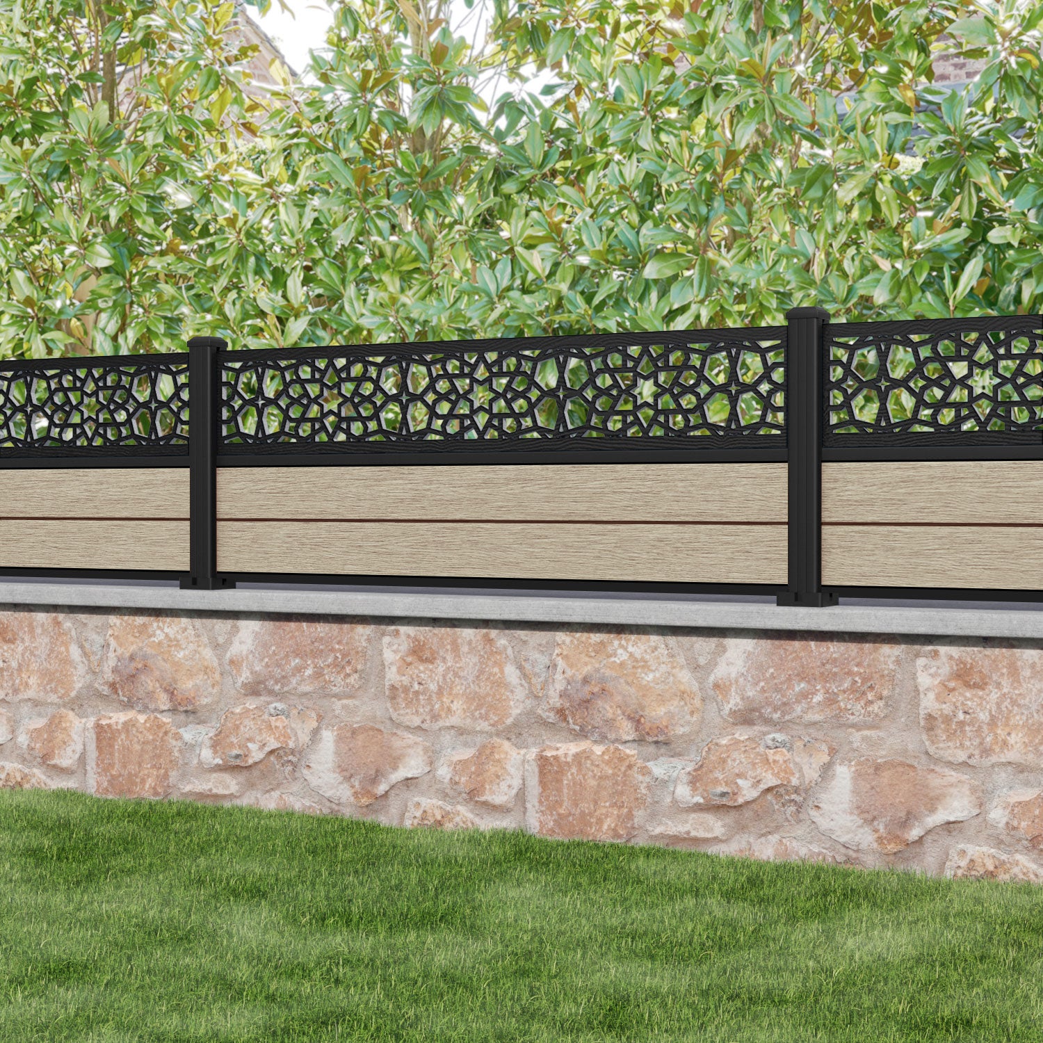 Fusion Nazira Fence Panel - Light Oak - with our aluminium posts