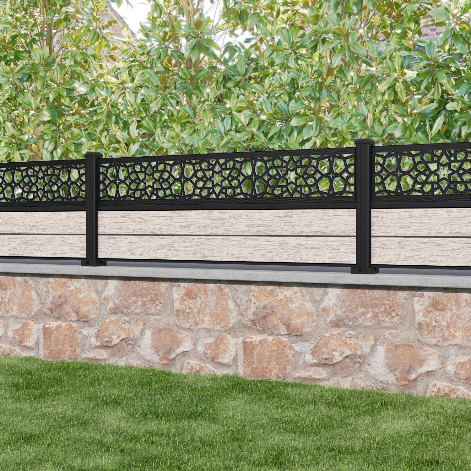 Fusion Nazira Fence Panel - Mid Stone - with our aluminium posts