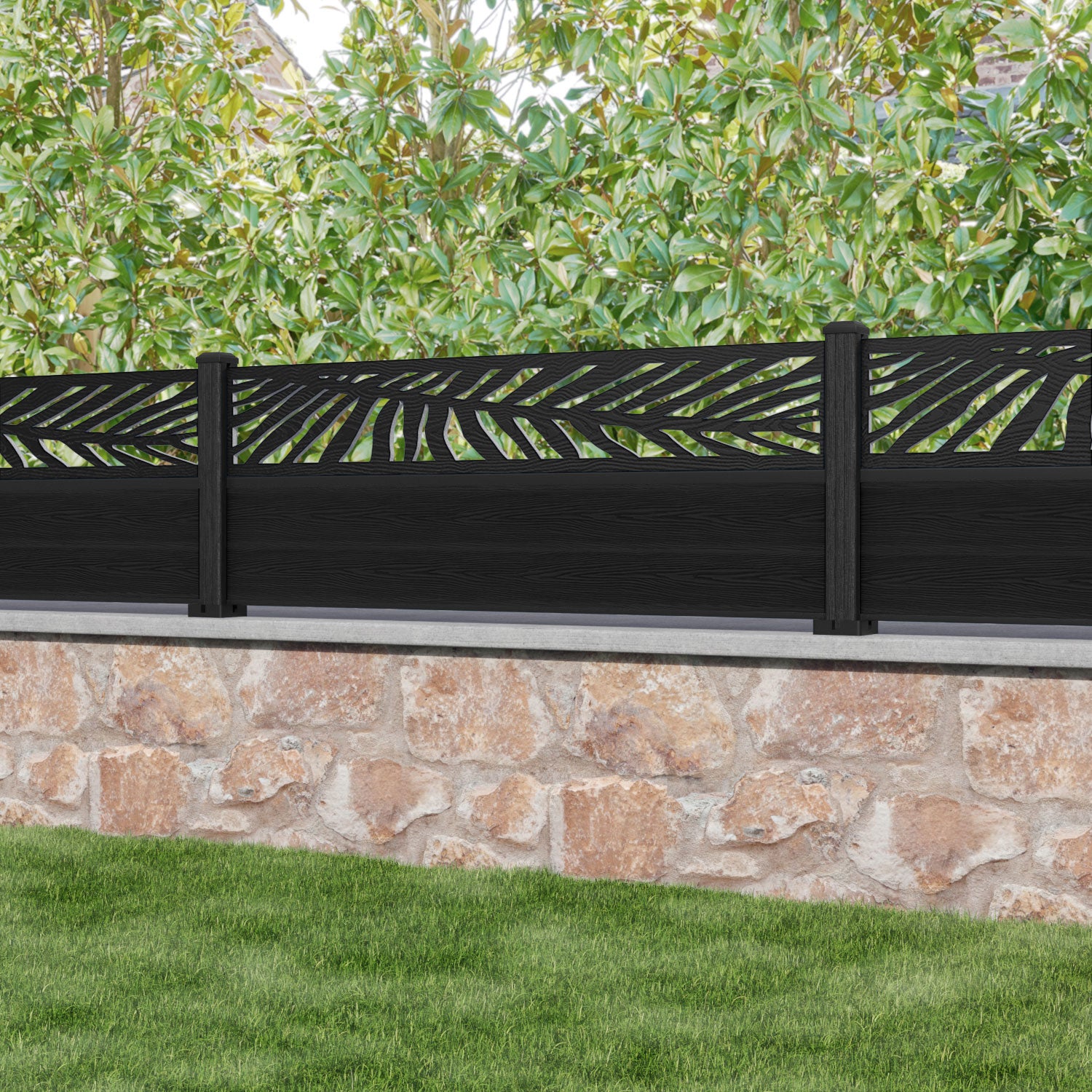 Classic Palm Fence Panel - Black - with our composite posts