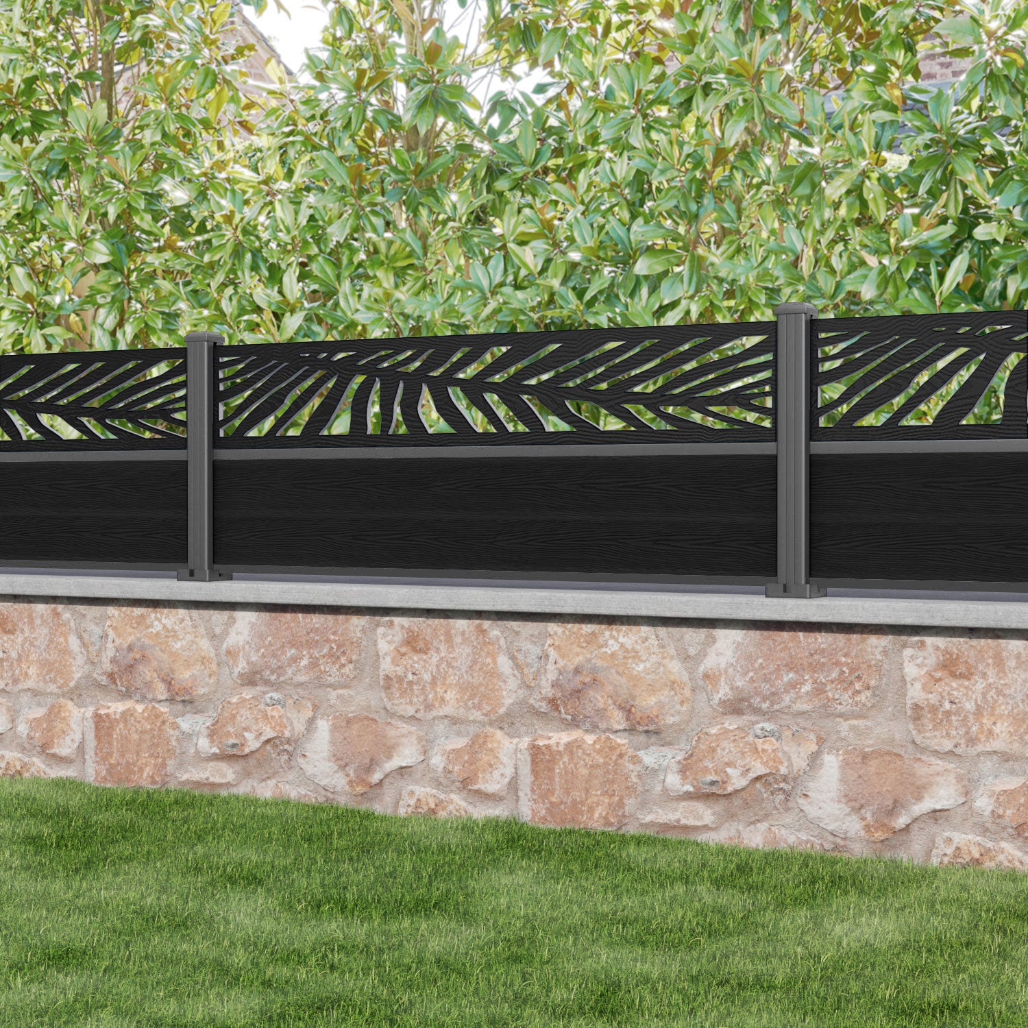 Classic Palm Fence Panel - Black - with our aluminium posts