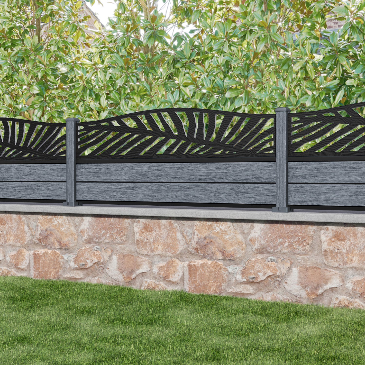 Fusion Palm Curved Top Fence Panel - Anthracite - with our composite posts