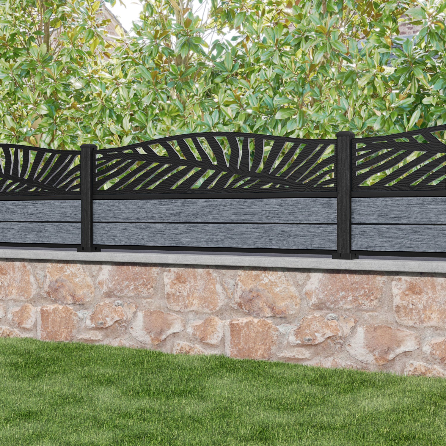 Fusion Palm Curved Top Fence Panel - Anthracite - with our composite posts