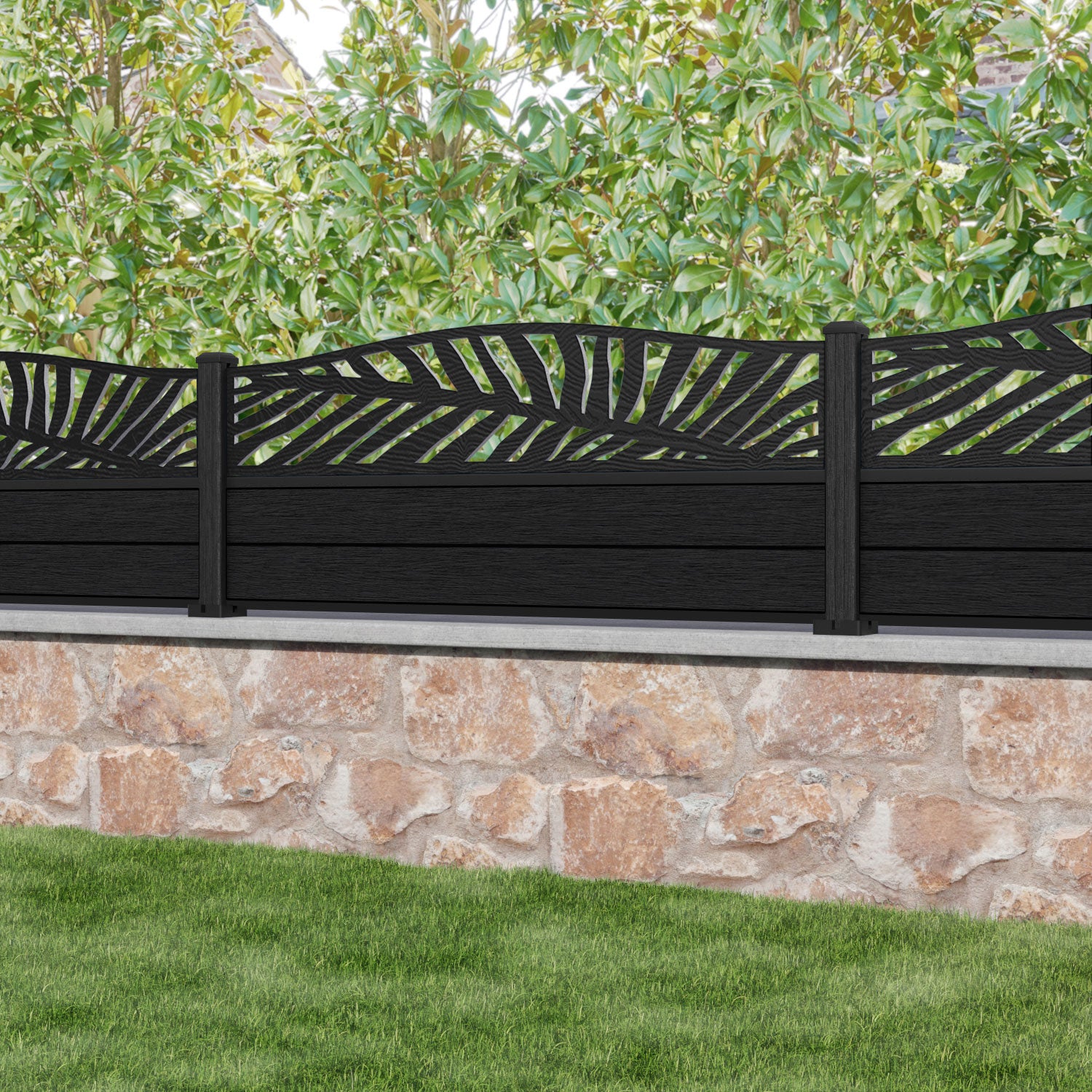 Fusion Palm Curved Top Fence Panel - Black - with our composite posts