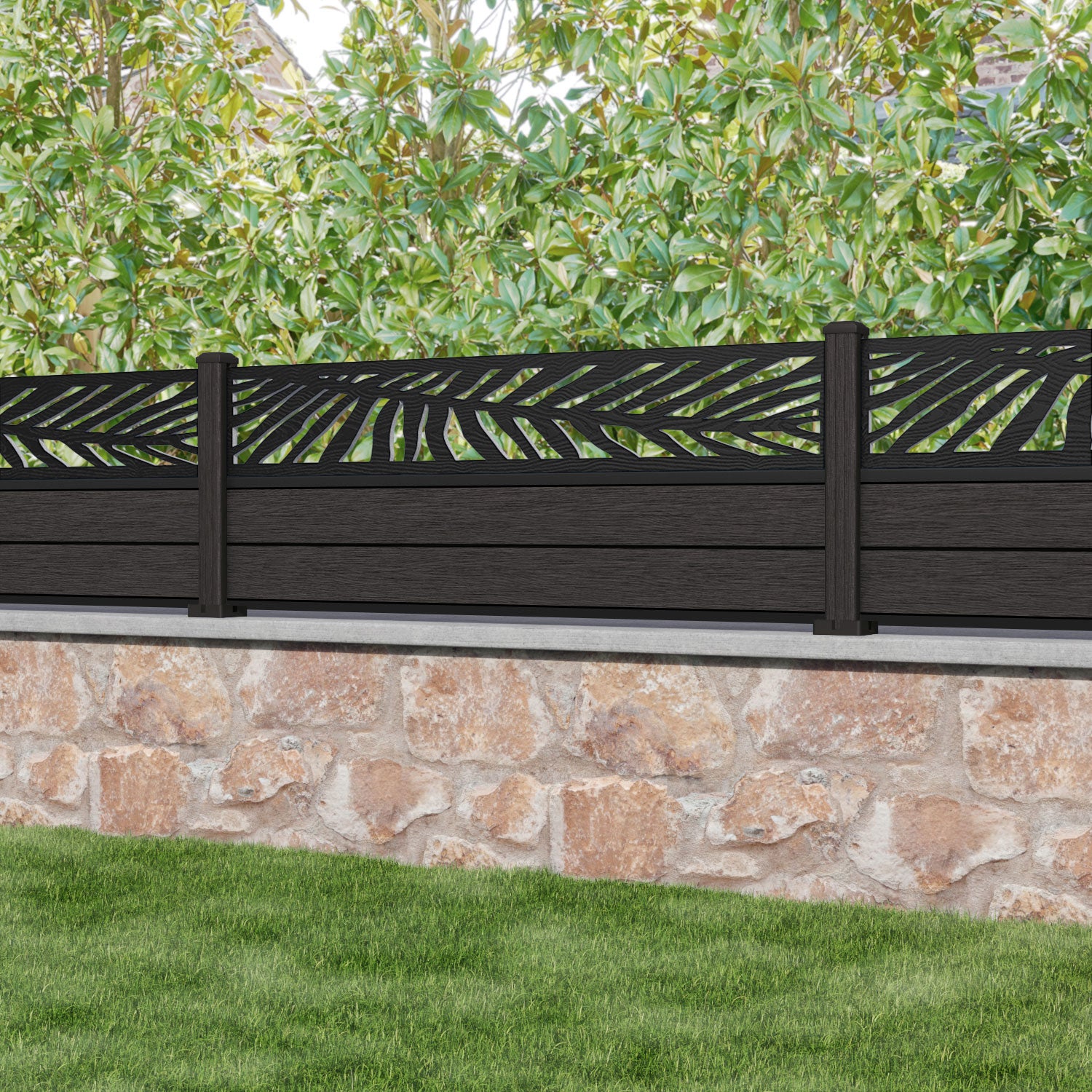 Fusion Palm Fence Panel - Dark Oak - with our composite posts